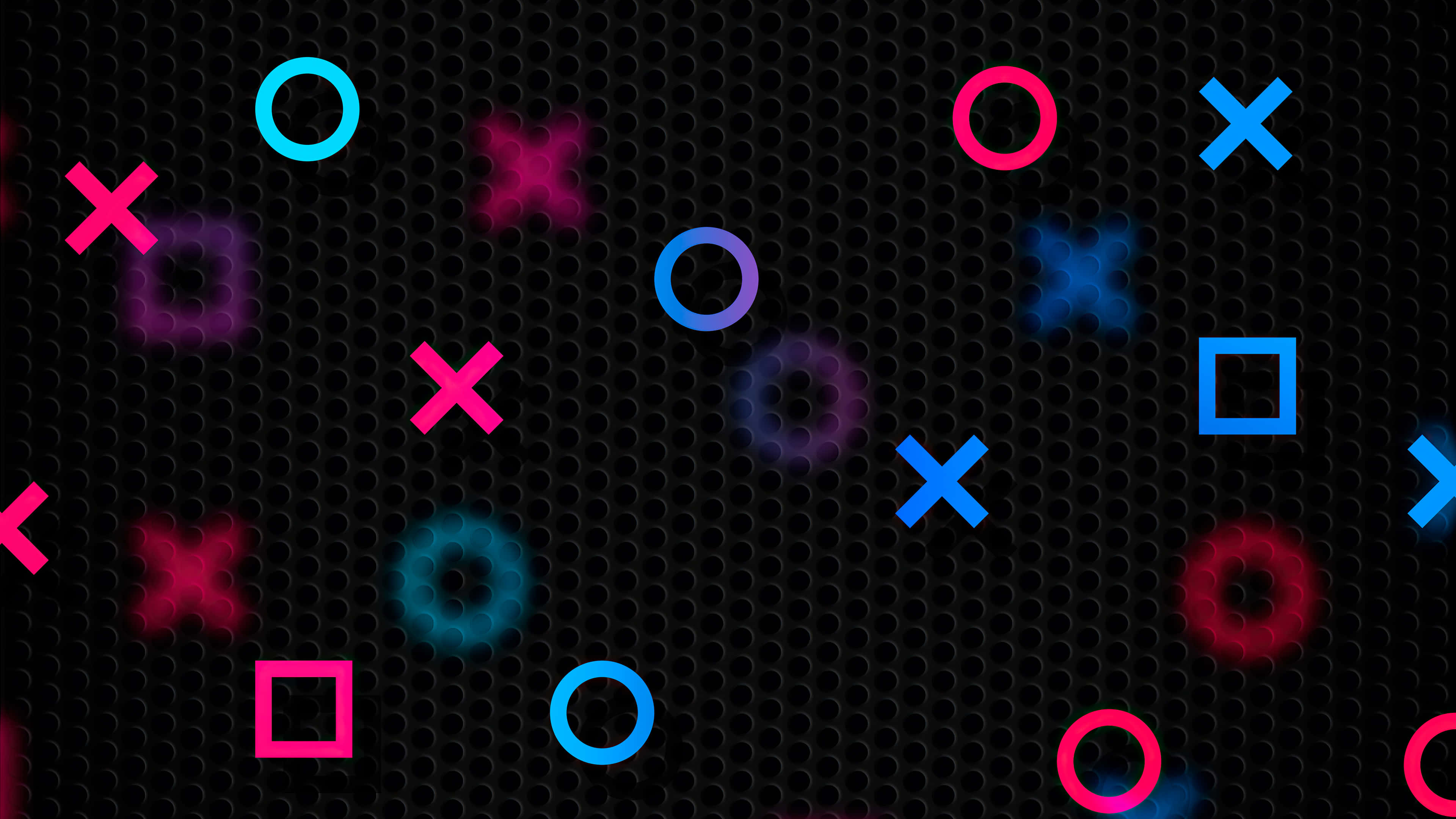 Playstation 4K, neon game controller symbols, dark textured grid background, 4K Desktop Wallpaper
