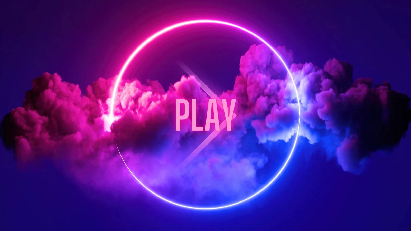 neon circle, word PLAY, vibrant pink and blue clouds, HD Desktop Wallpaper