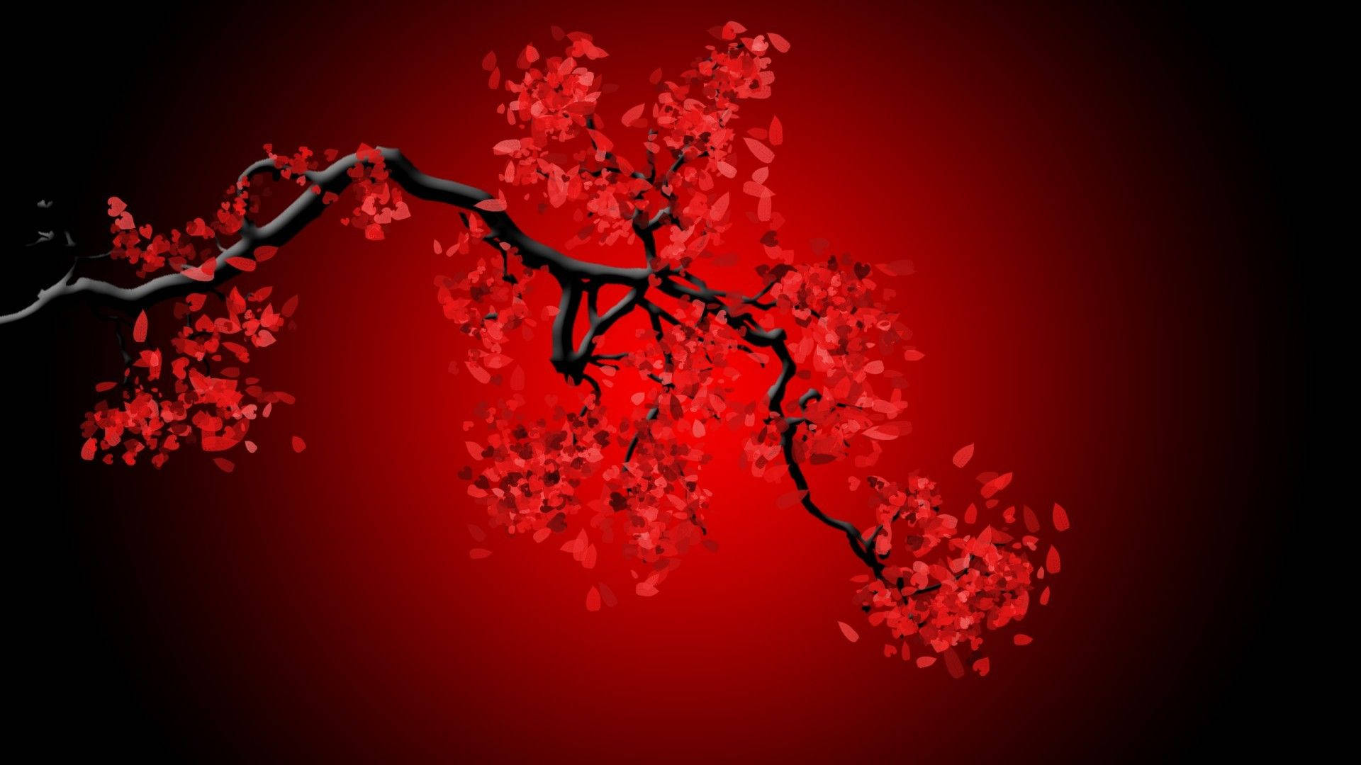 cool red cherry blossom, vivid red blossoms, black cherry branch, Full HD Desktop Wallpaper