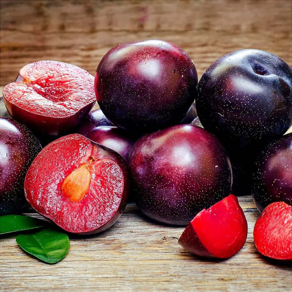 red plum, dark purple plums, vibrant red flesh, SD Desktop Wallpaper