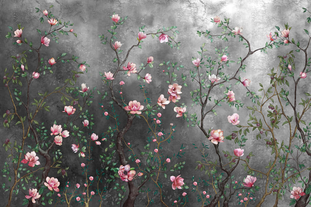 pink magnolia blossoms, green leaves, dark branches, SD Desktop Wallpaper