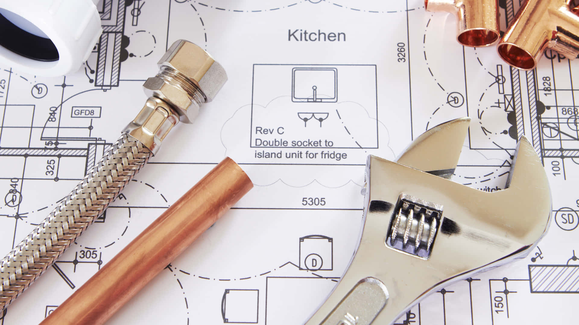 copper pipes, wrench, kitchen plumbing blueprints, Full HD Desktop Wallpaper