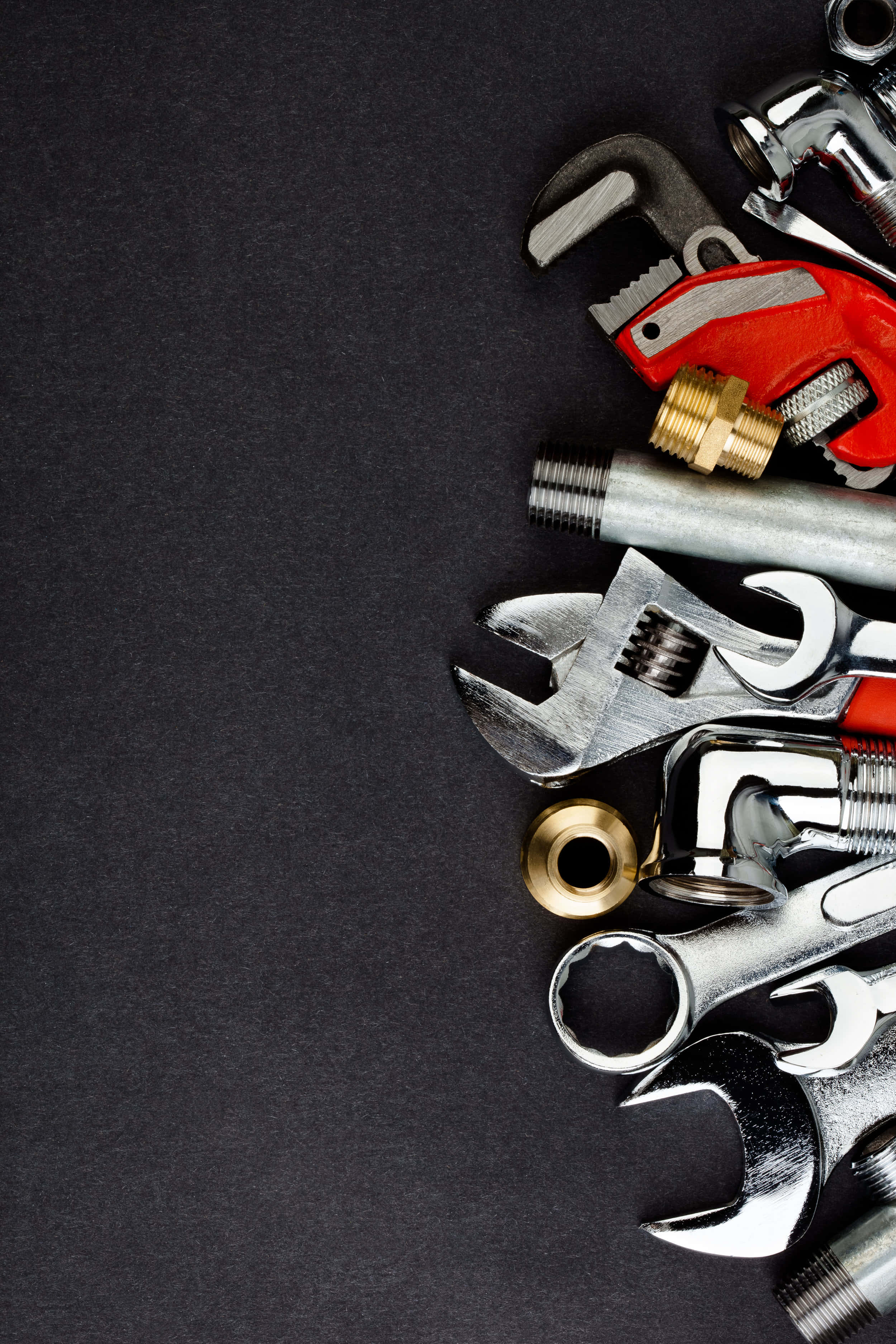 plumbing tools, shiny metallic, textured black background, 2K Phone Wallpaper