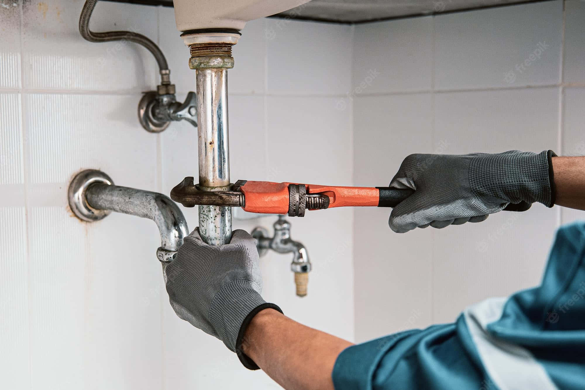 plumber, gray gloves, orange wrench, Full HD Desktop Wallpaper