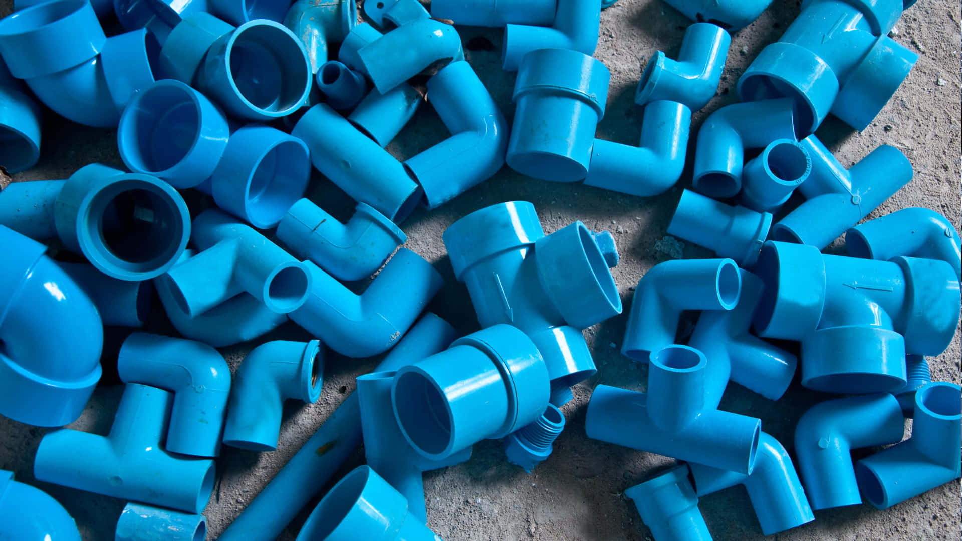 plastic pipe fittings, bright blue, concrete surface, Full HD Desktop Wallpaper
