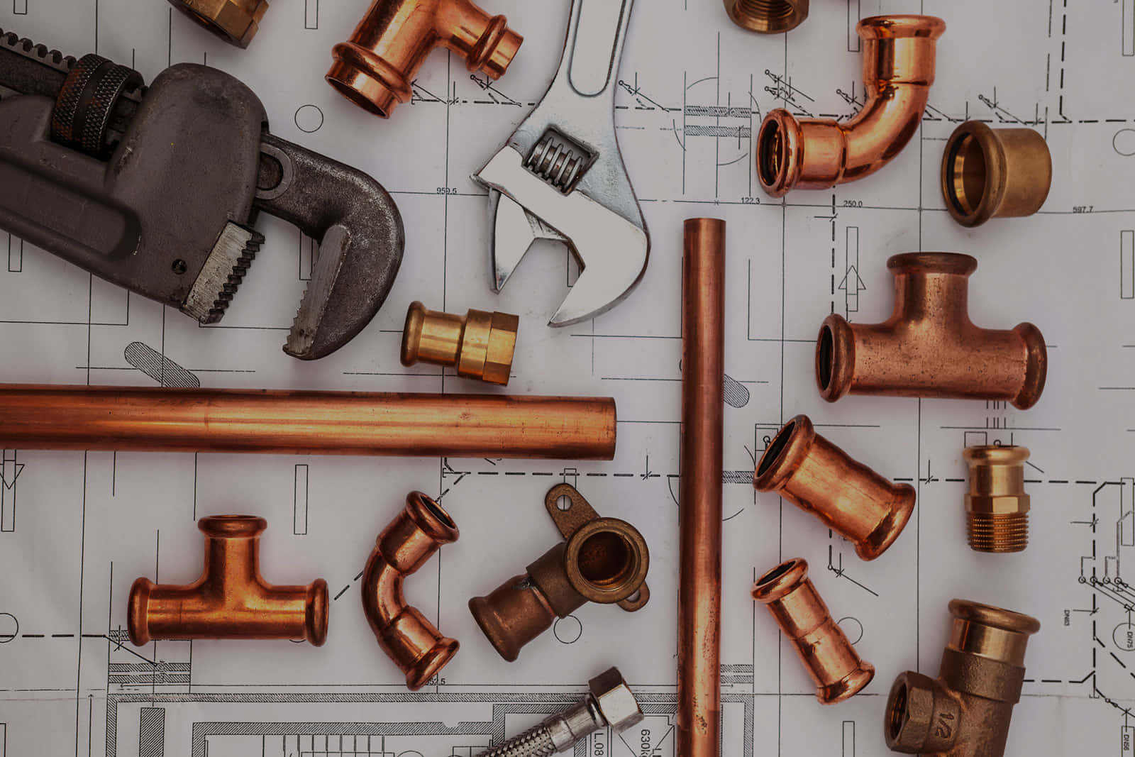copper plumbing tools, copper pipes fittings, wrenches, HD Desktop Wallpaper