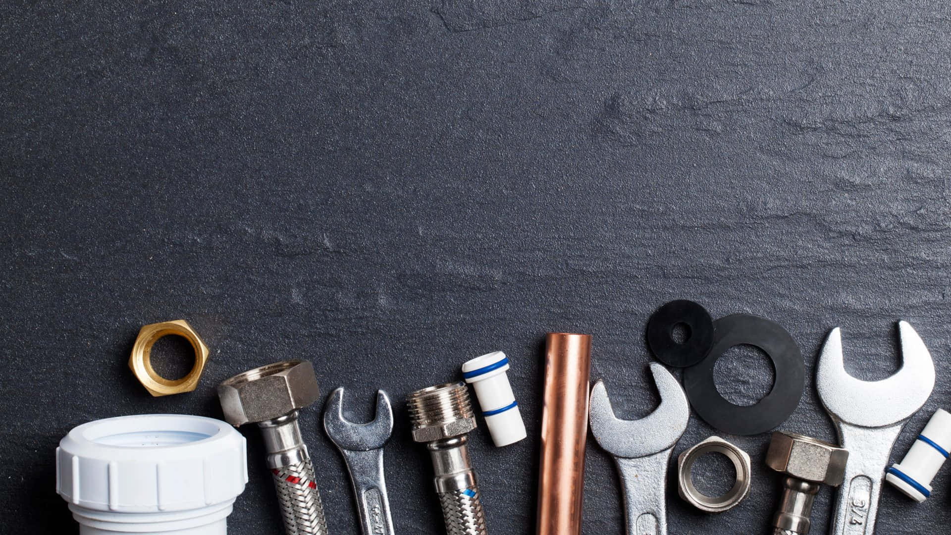 plumbing service tools, copper pipe parts, black texture, Full HD Desktop Wallpaper