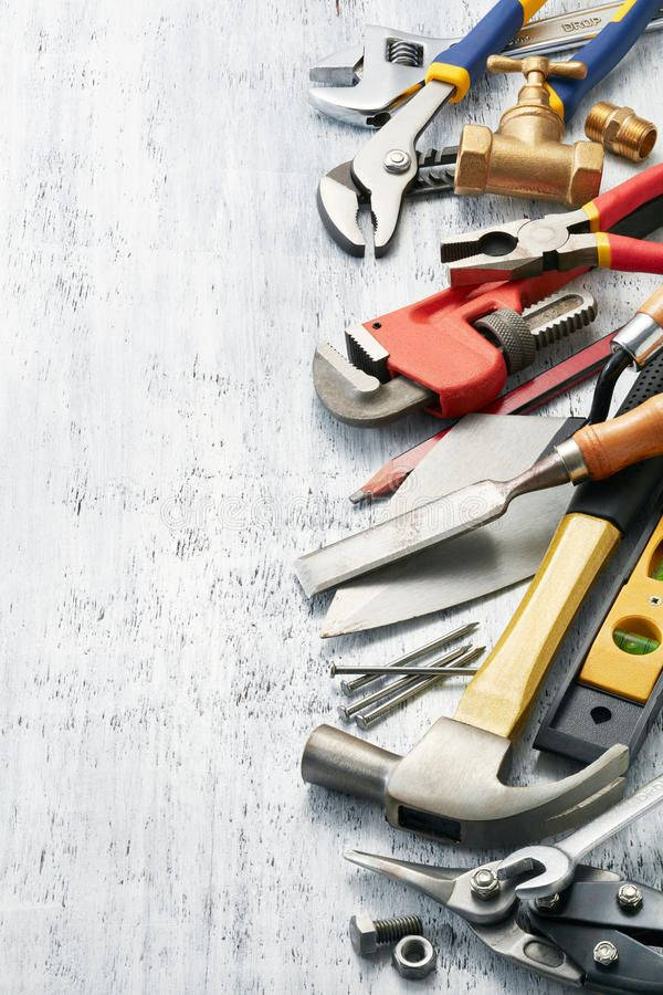 plumbing tools, white wooden surface, hand tools, SD Phone Wallpaper