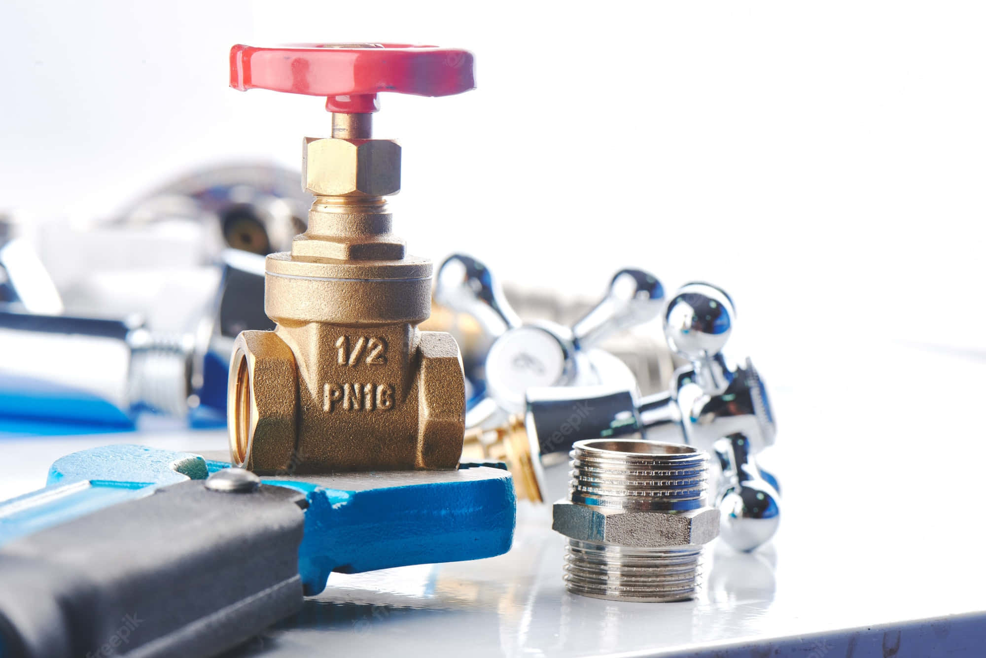 brass plumbing valve, red handle, shiny metal fittings, Full HD Desktop Wallpaper