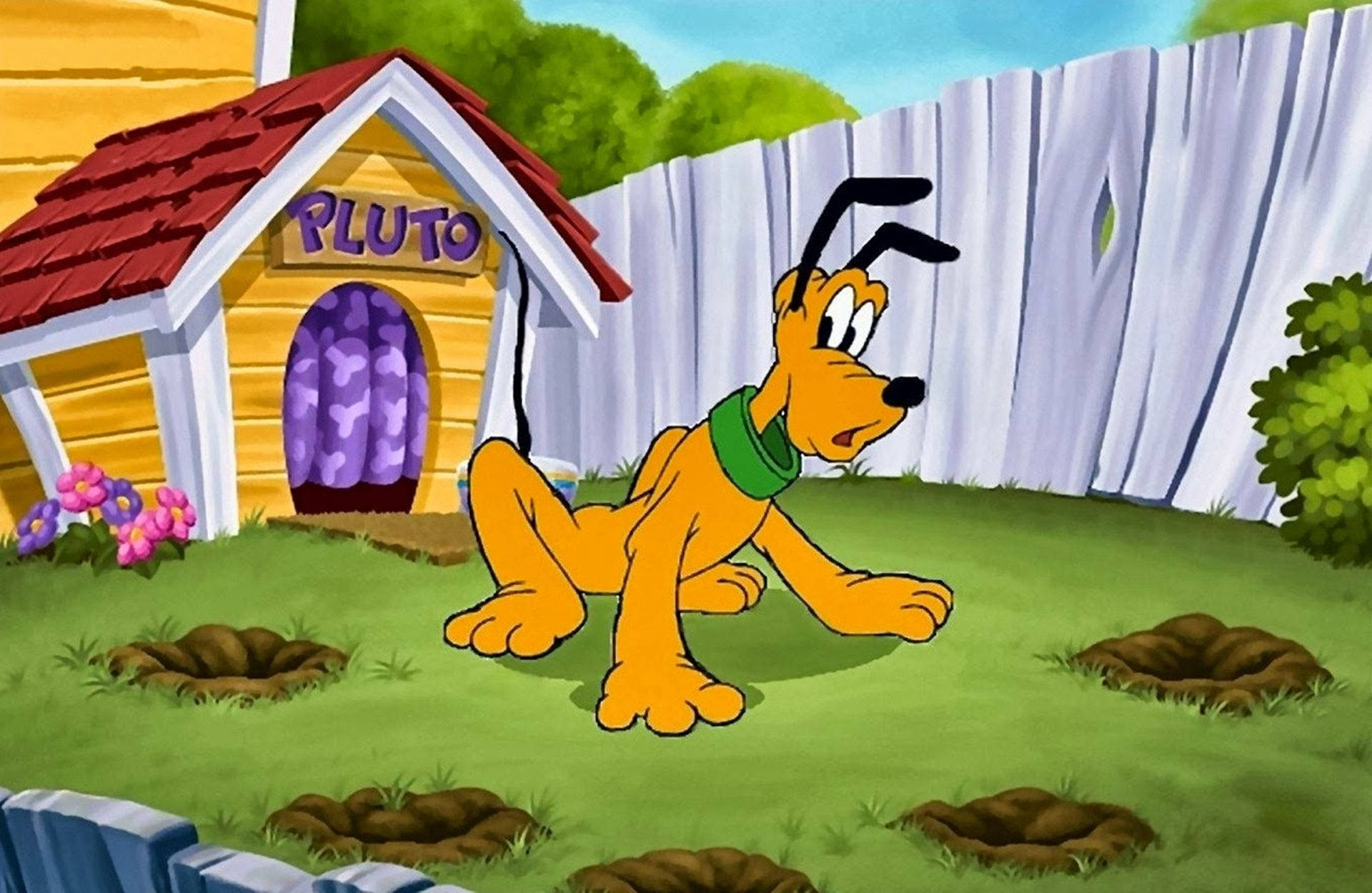 Pluto, yellow doghouse, purple door, Full HD Desktop Wallpaper