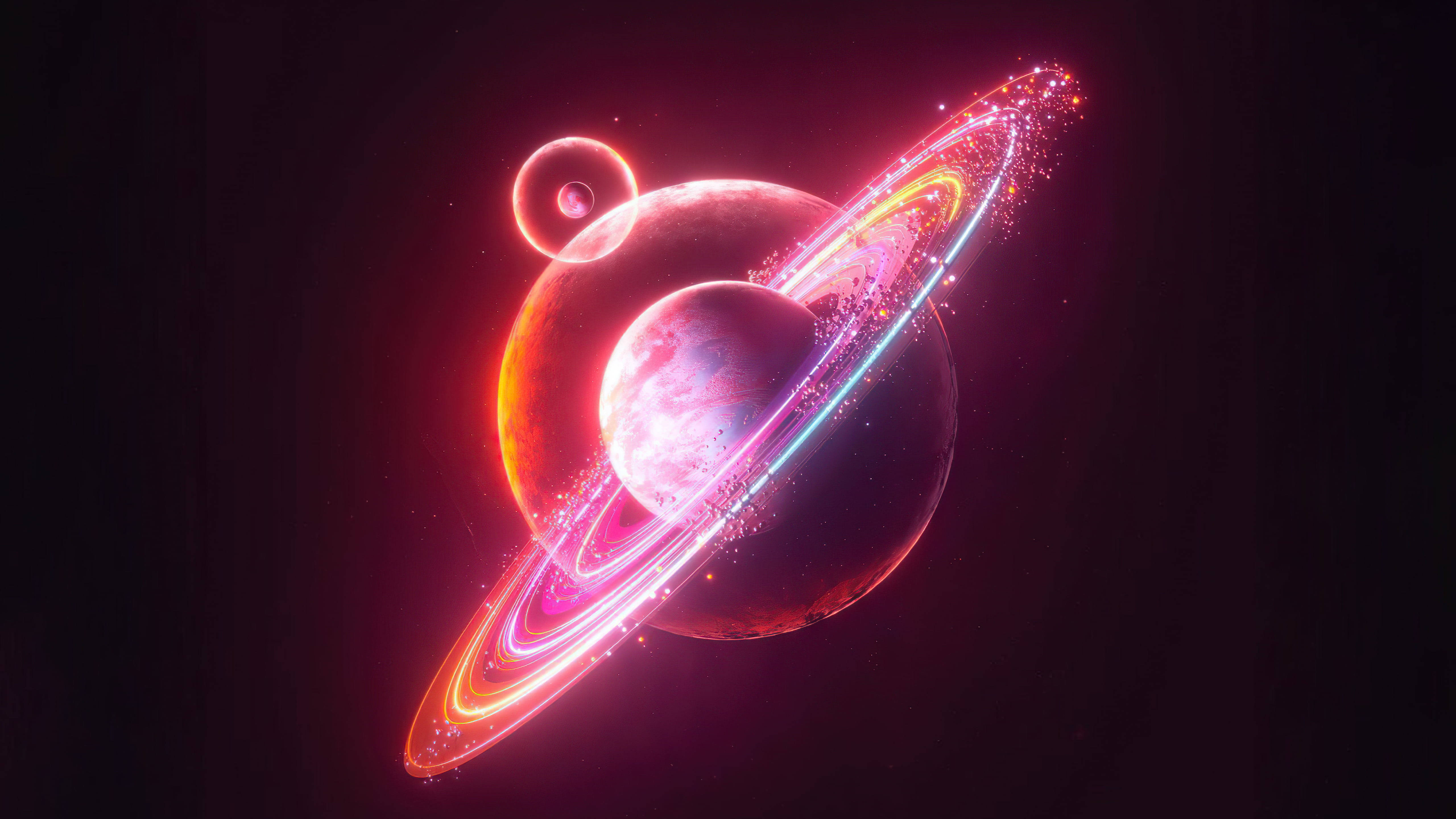 Pluto, neon edit, vibrant pink and orange rings, 5K Desktop Wallpaper