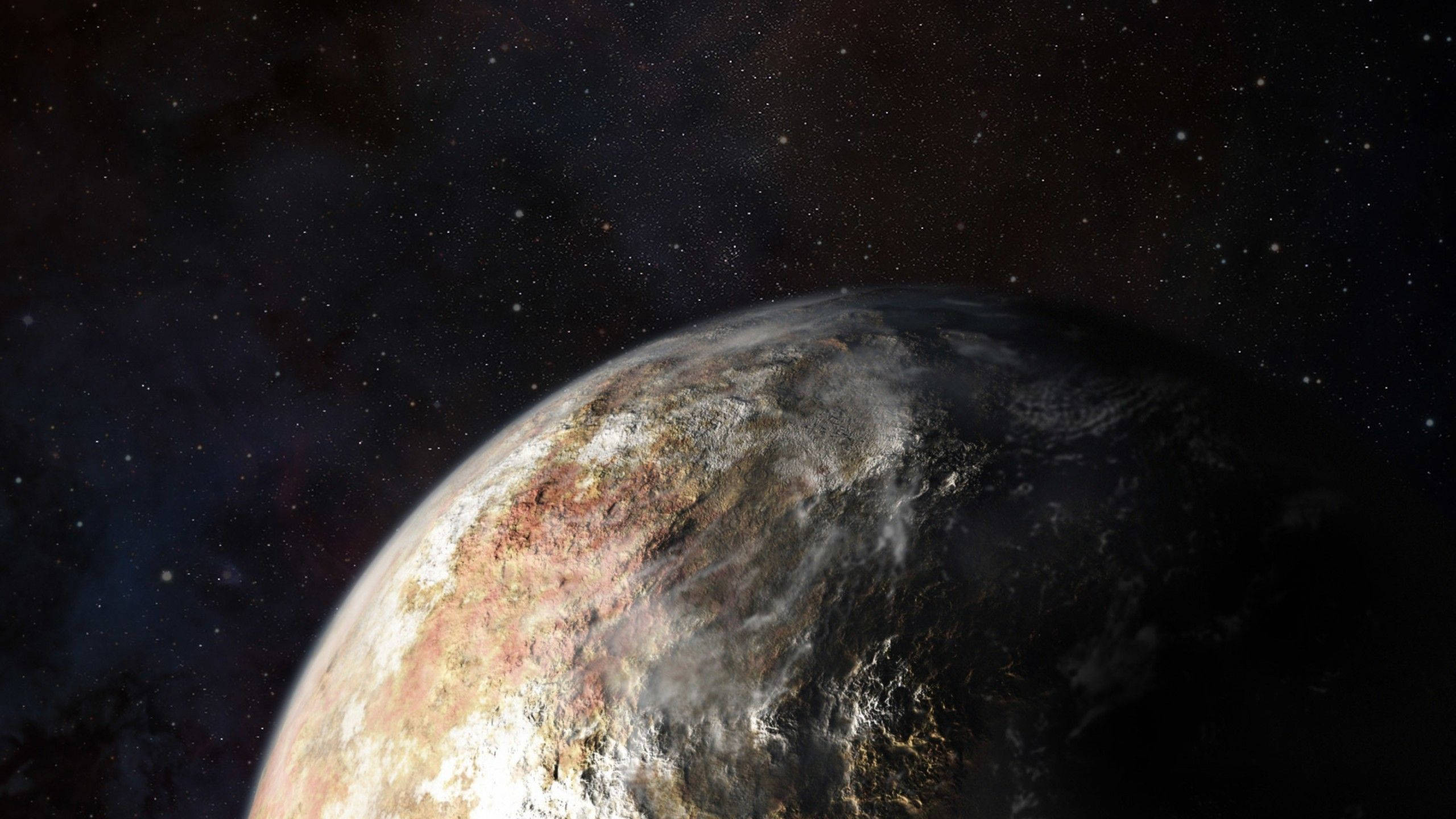 Pluto, stars, reddish terrain, 2K Desktop Wallpaper