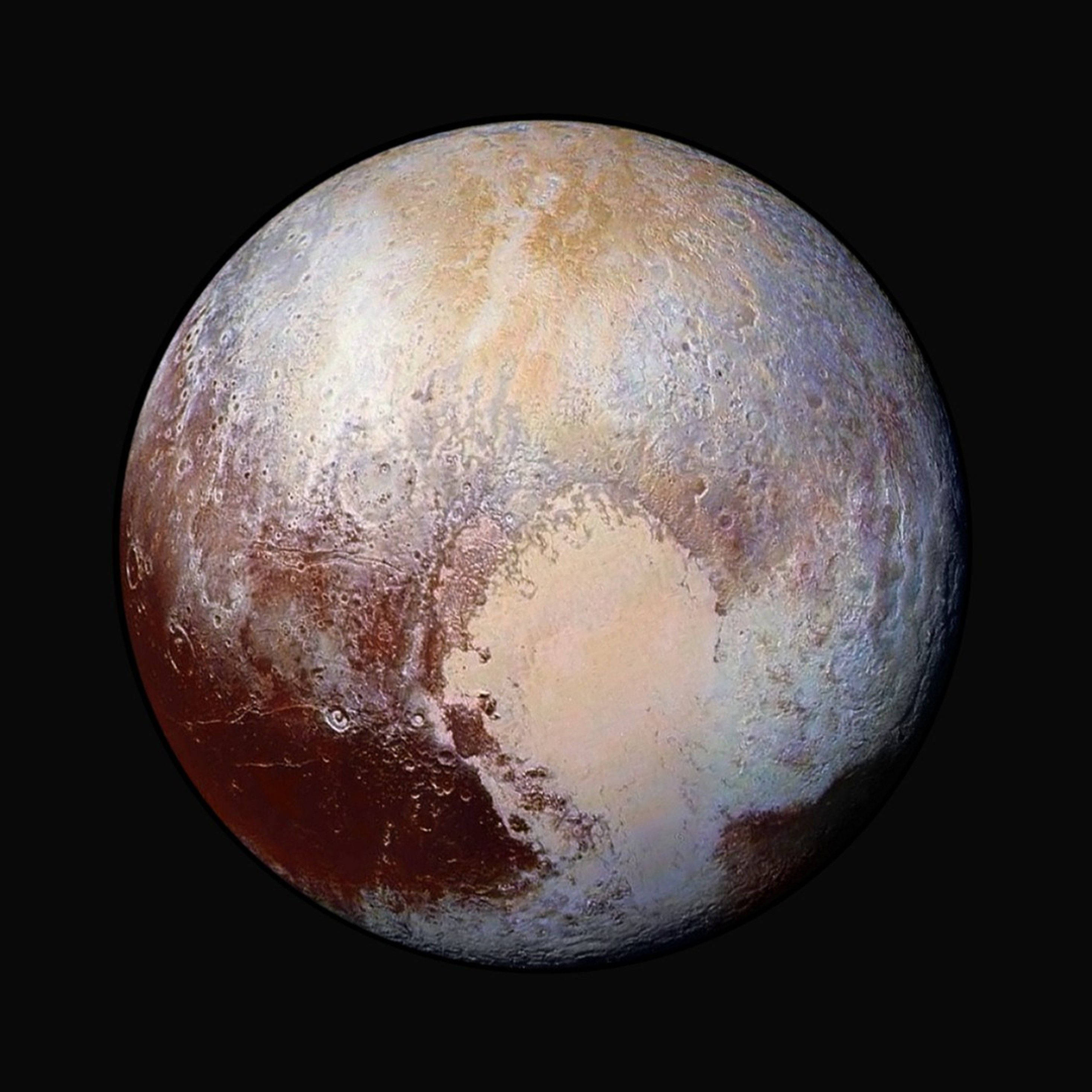 Pluto, icy terrain, reddish-brown regions, 2K Desktop Wallpaper