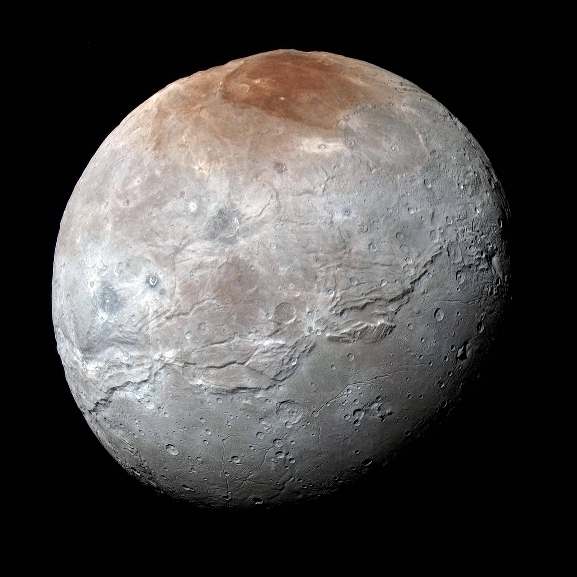 Pluto, cratered surface, reddish-brown polar region, Full HD Desktop Wallpaper
