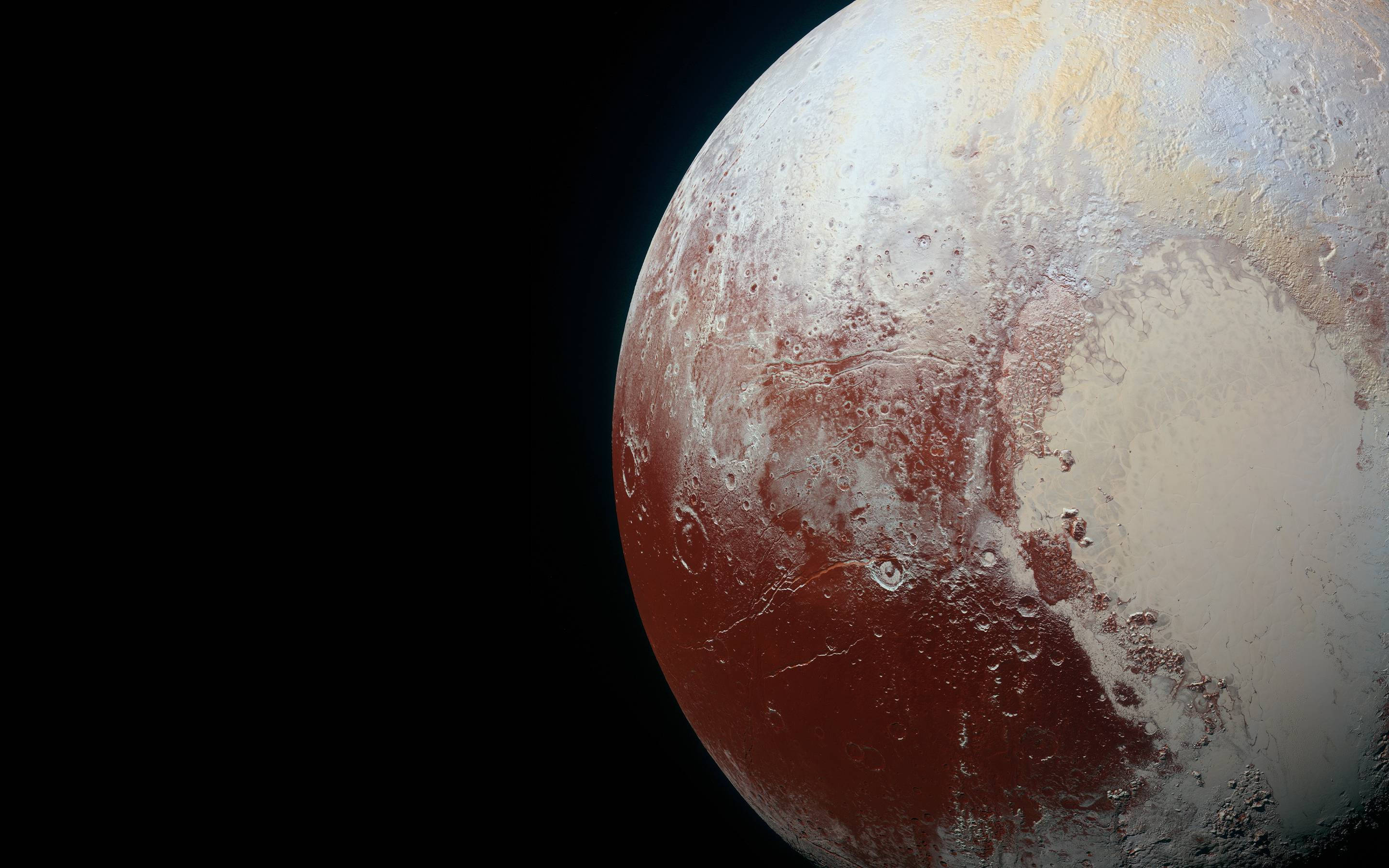 Pluto, icy surface, reddish terrain, 2K Desktop Wallpaper