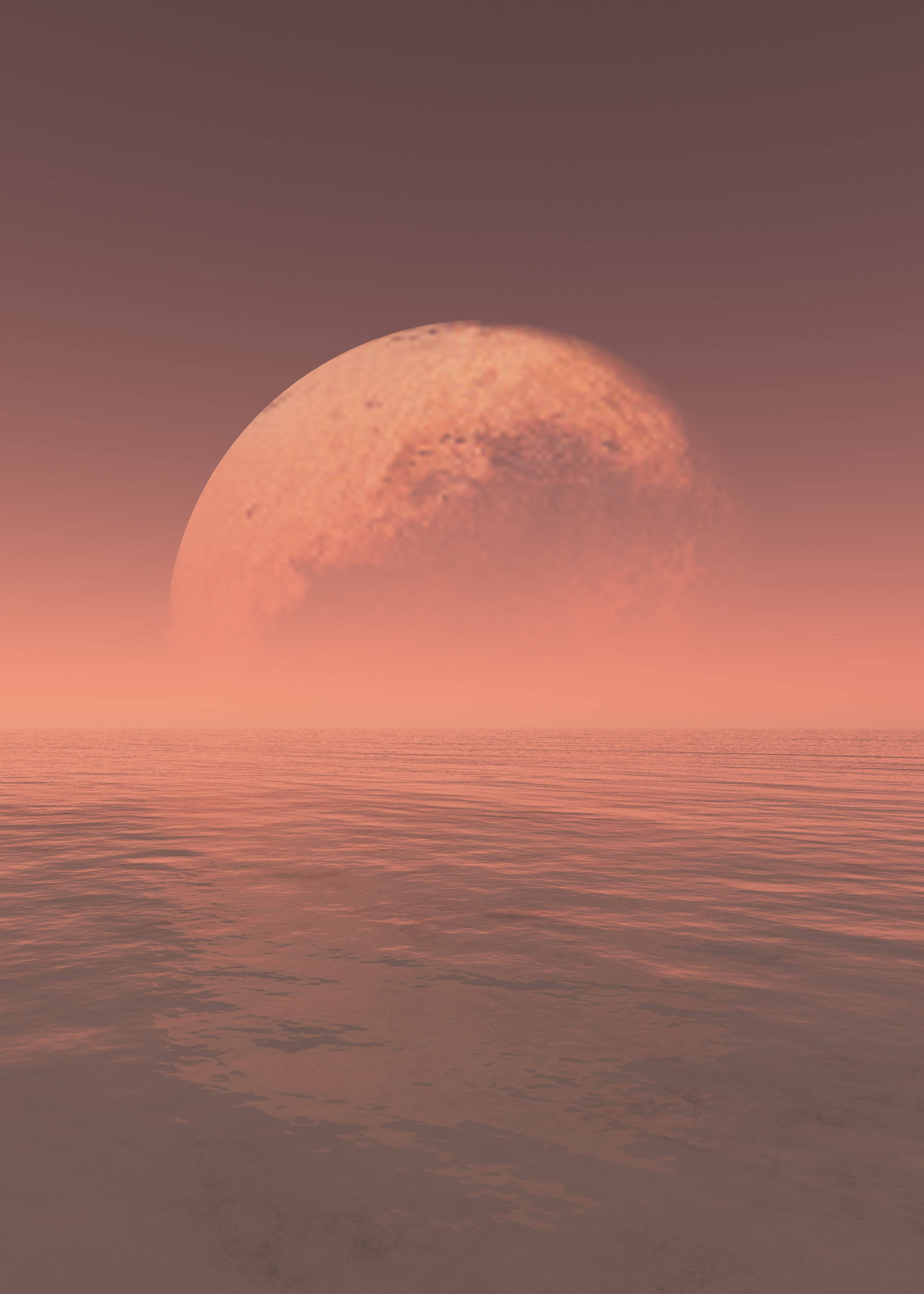 Pluto, orange moon, calm ocean, 4K Phone Wallpaper