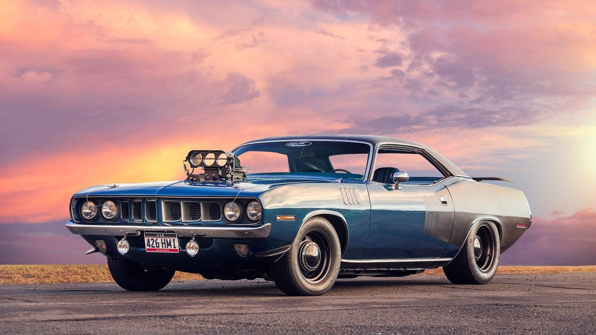 Dark Blue Plymouth Barracuda, supercharger, asphalt road, Full HD Desktop Wallpaper