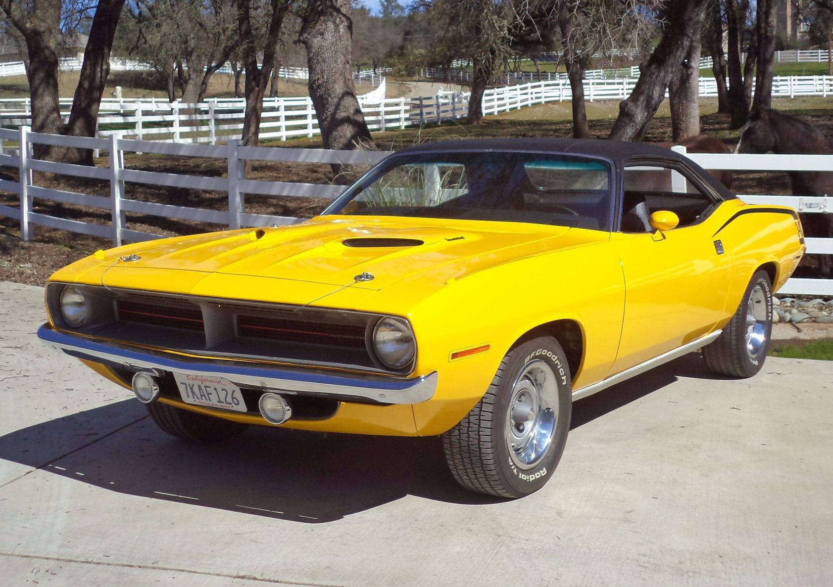 1970 Plymouth Barracuda, bright yellow, concrete driveway, HD Desktop Wallpaper