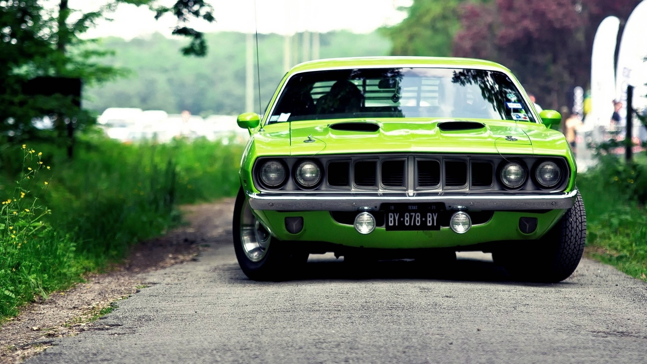Plymouth Barracuda, lime green, classic muscle car, 2K Desktop Wallpaper