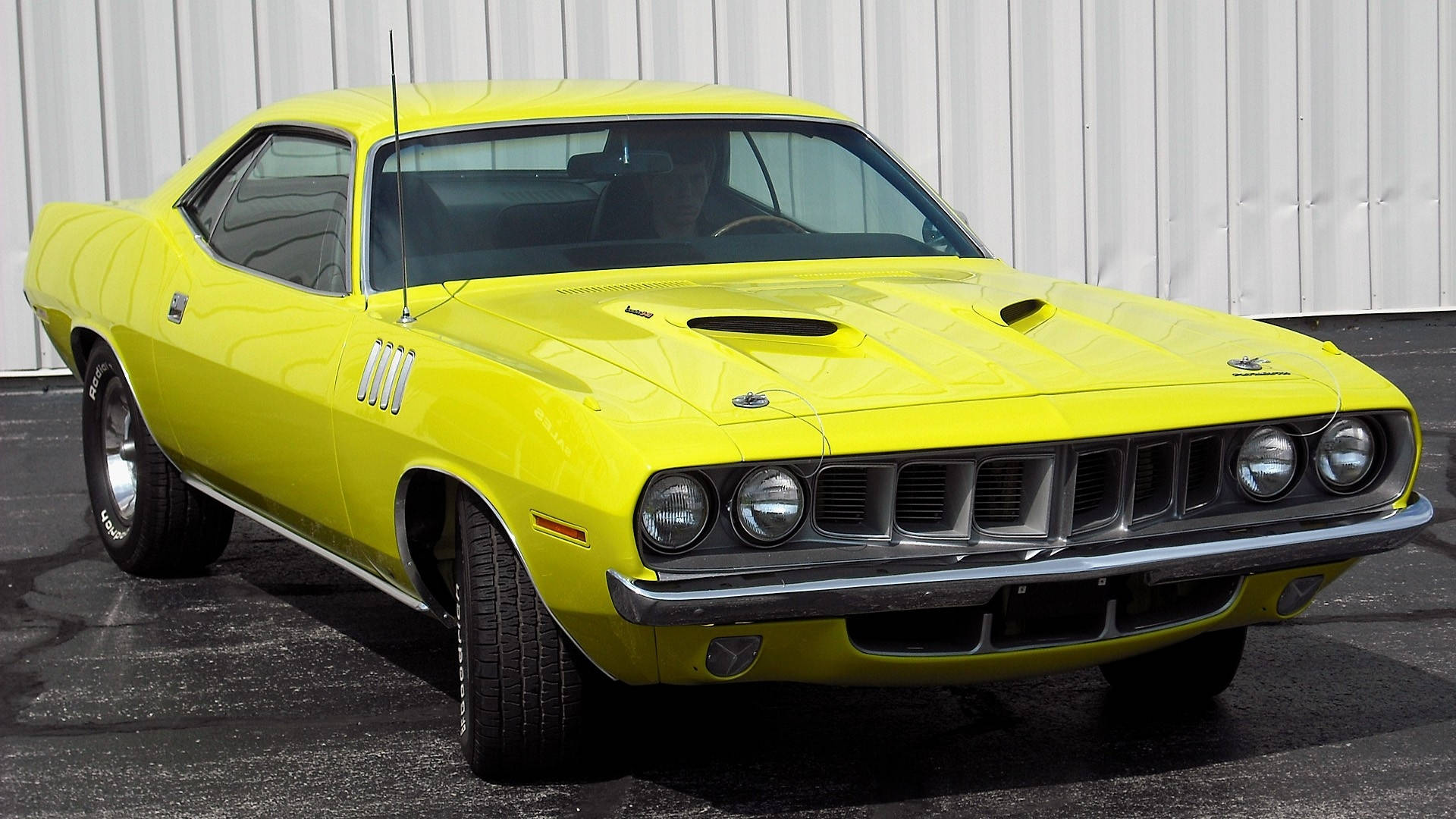 Yellow Plymouth Barracuda, hood scoops, chrome grille, Full HD Desktop Wallpaper