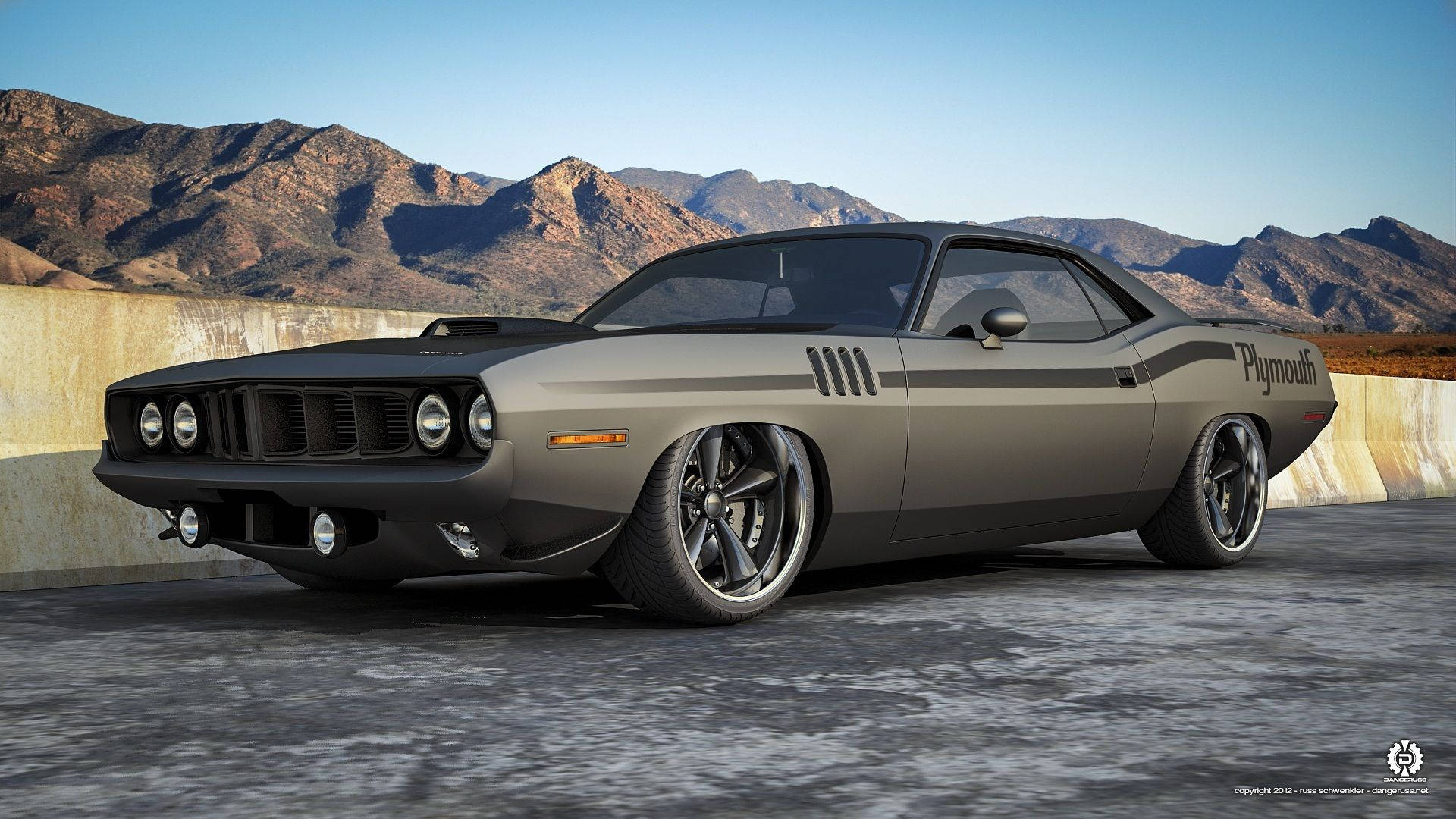 Plymouth Barracuda, matte gray, concrete surface, Full HD Desktop Wallpaper