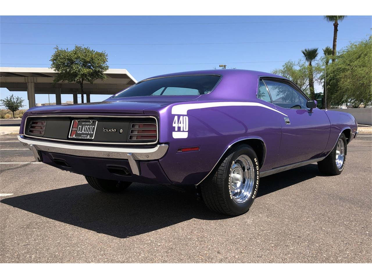 Plymouth Barracuda 440, glossy purple, white racing stripes, HD Desktop Wallpaper