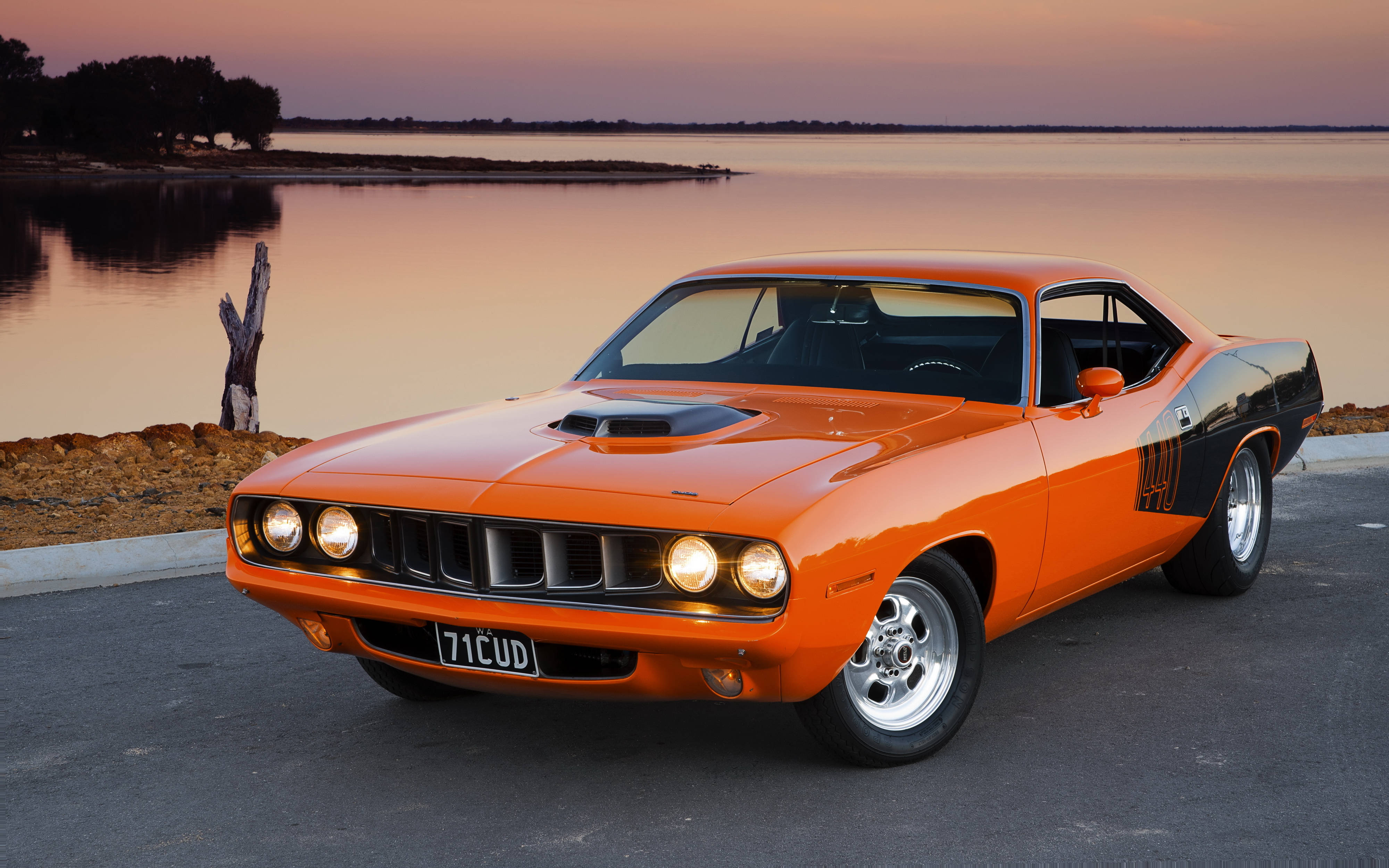 1971 Plymouth Barracuda 440, orange, black, 4K Desktop Wallpaper