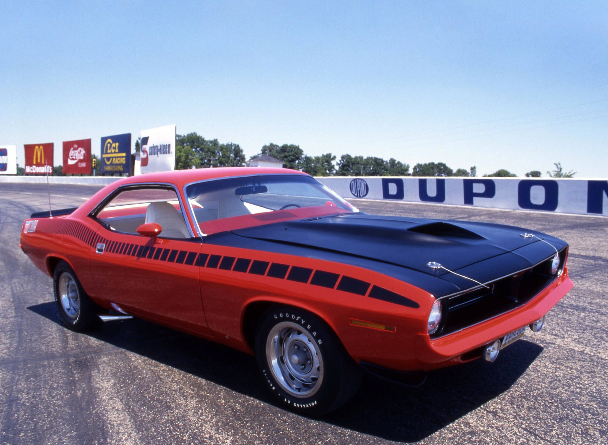 1970 Plymouth Barracuda, red and black, black racing stripes, Full HD Desktop Wallpaper