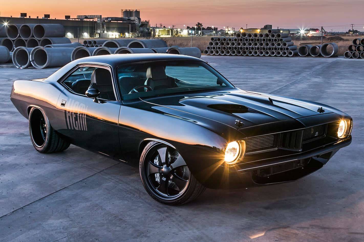 Black Plymouth Barracuda, dusk, concrete lot, HD Desktop Wallpaper