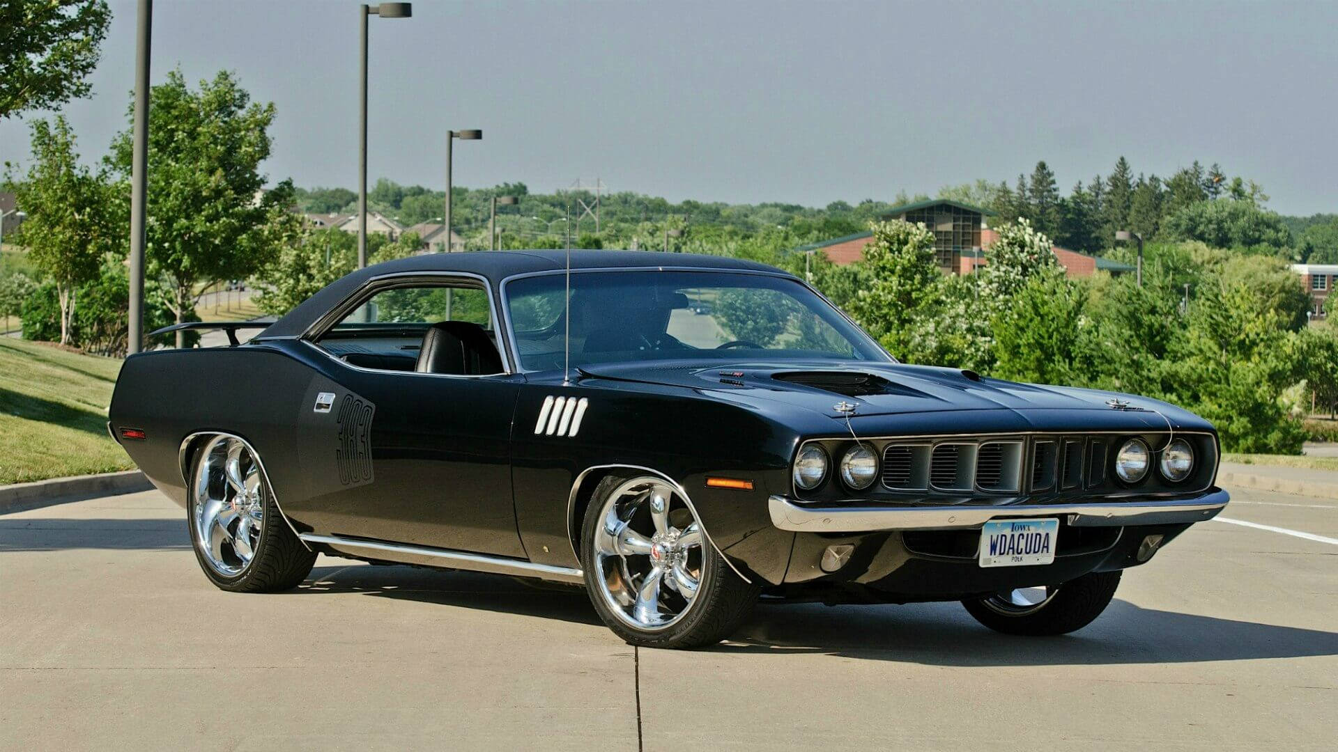 1974 Plymouth Barracuda, black, glossy, Full HD Desktop Wallpaper