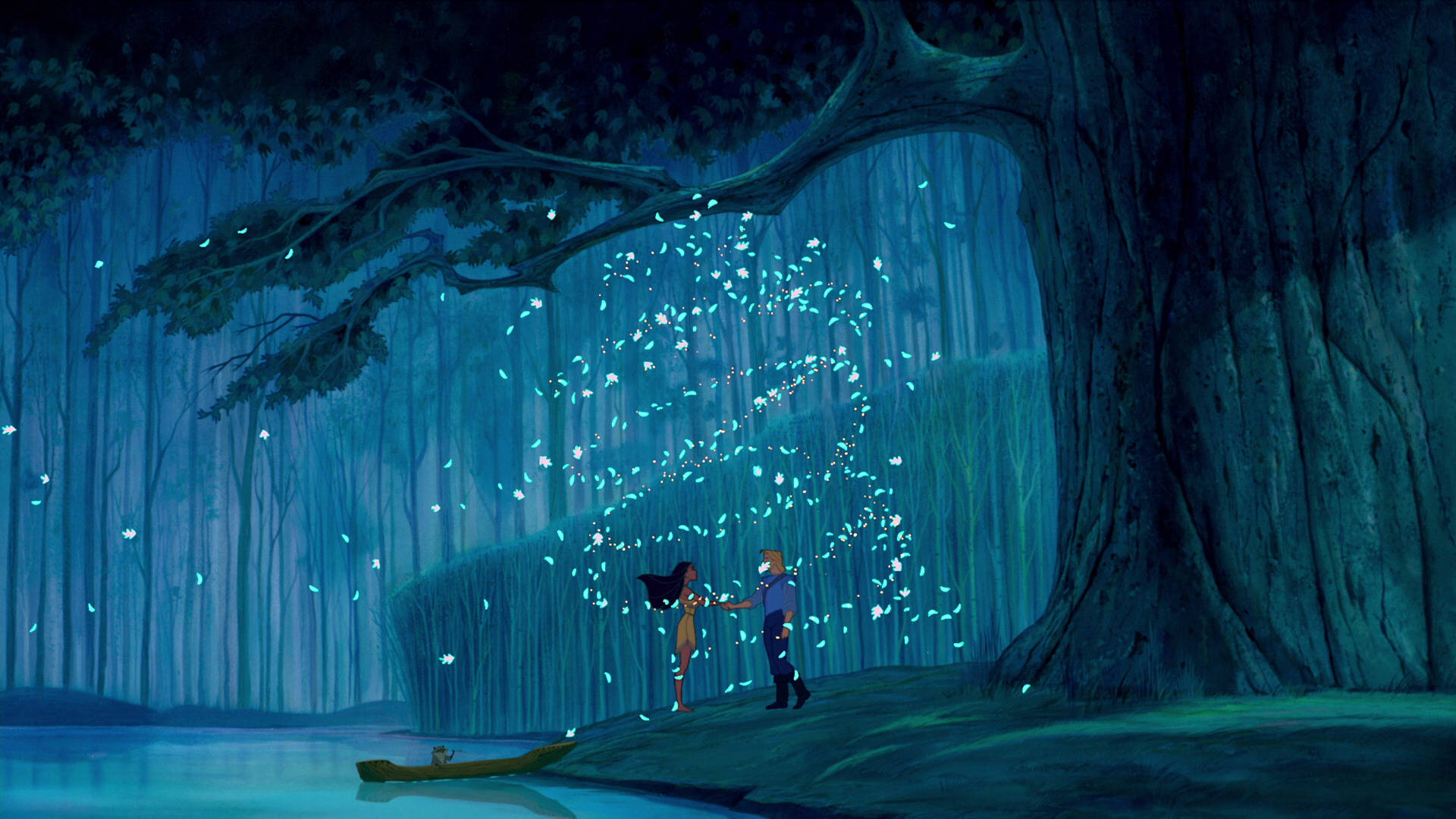 Pocahontas, swirling leaves, giant tree, Full HD Desktop Wallpaper