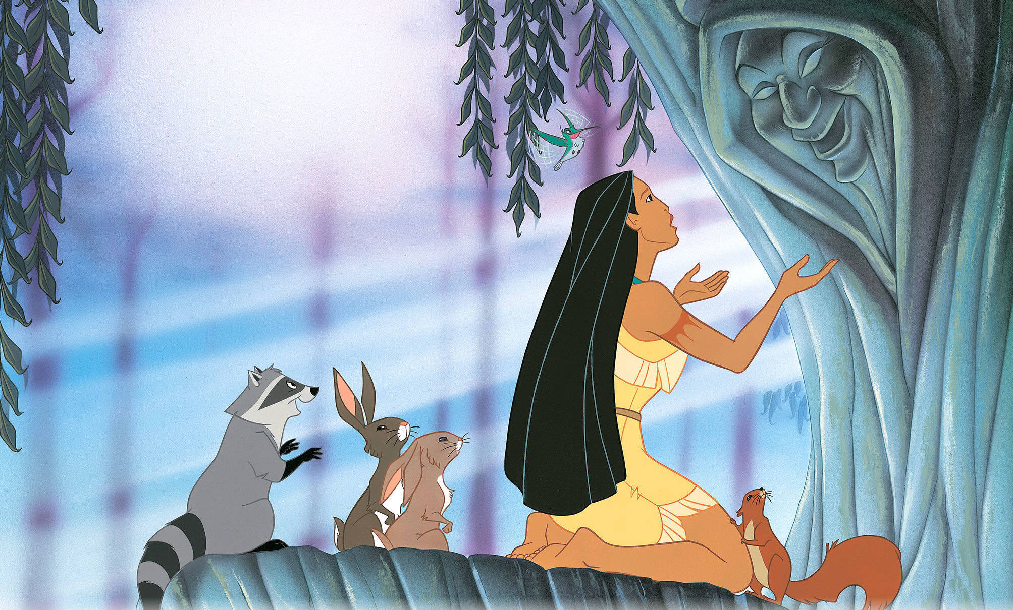 Pocahontas, willow tree, yellow dress, Full HD Desktop Wallpaper