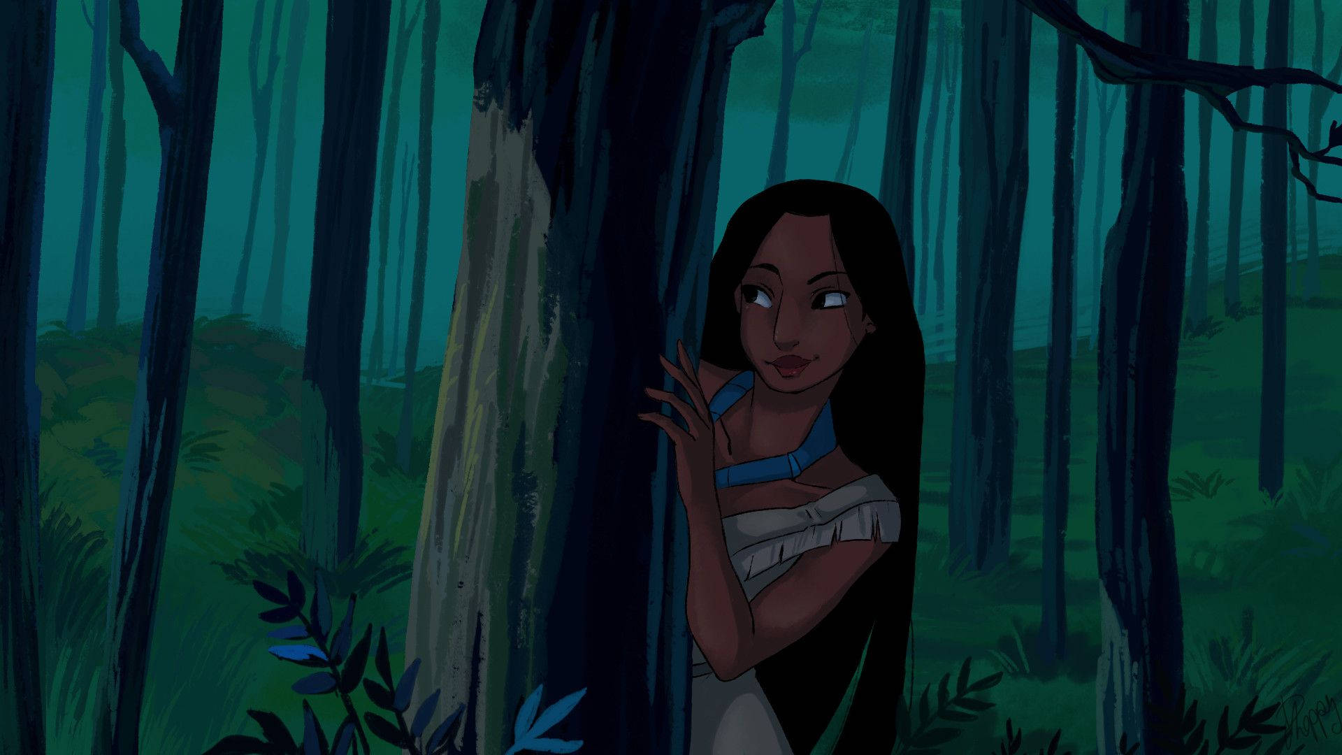 Pocahontas, misty teal forest, dusk, Full HD Desktop Wallpaper