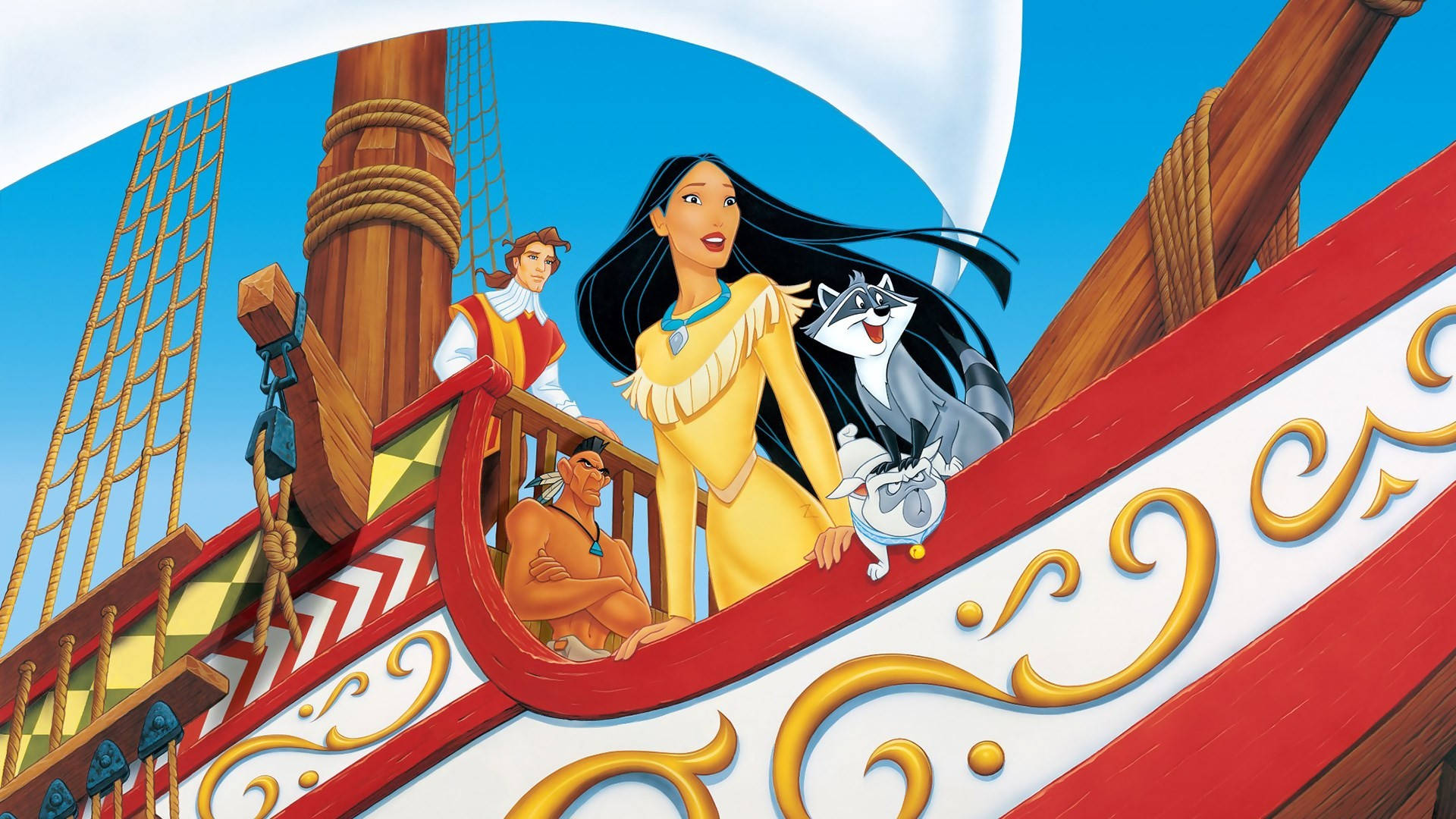 Pocahontas, ship, colorful ship railing, Full HD Desktop Wallpaper