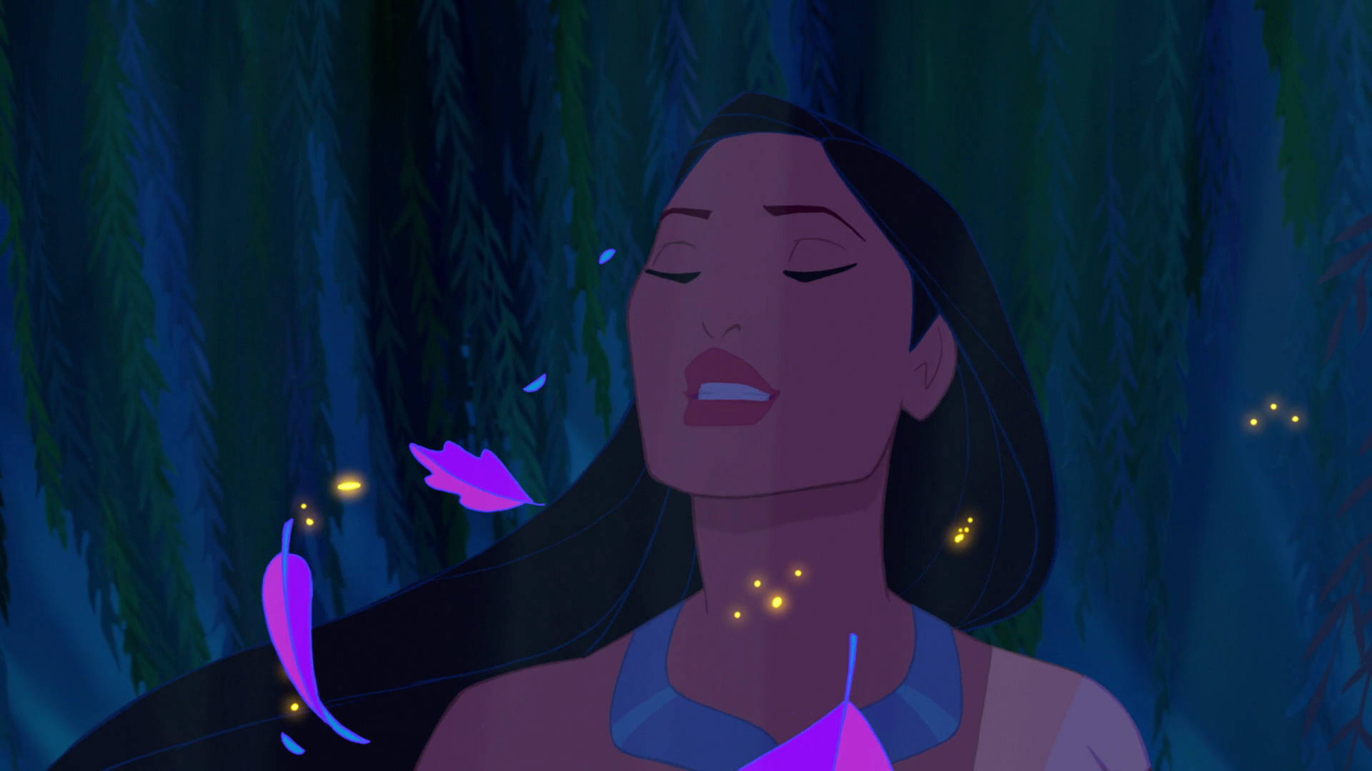 Pocahontas, closed eyes, dark forest, Full HD Desktop Wallpaper