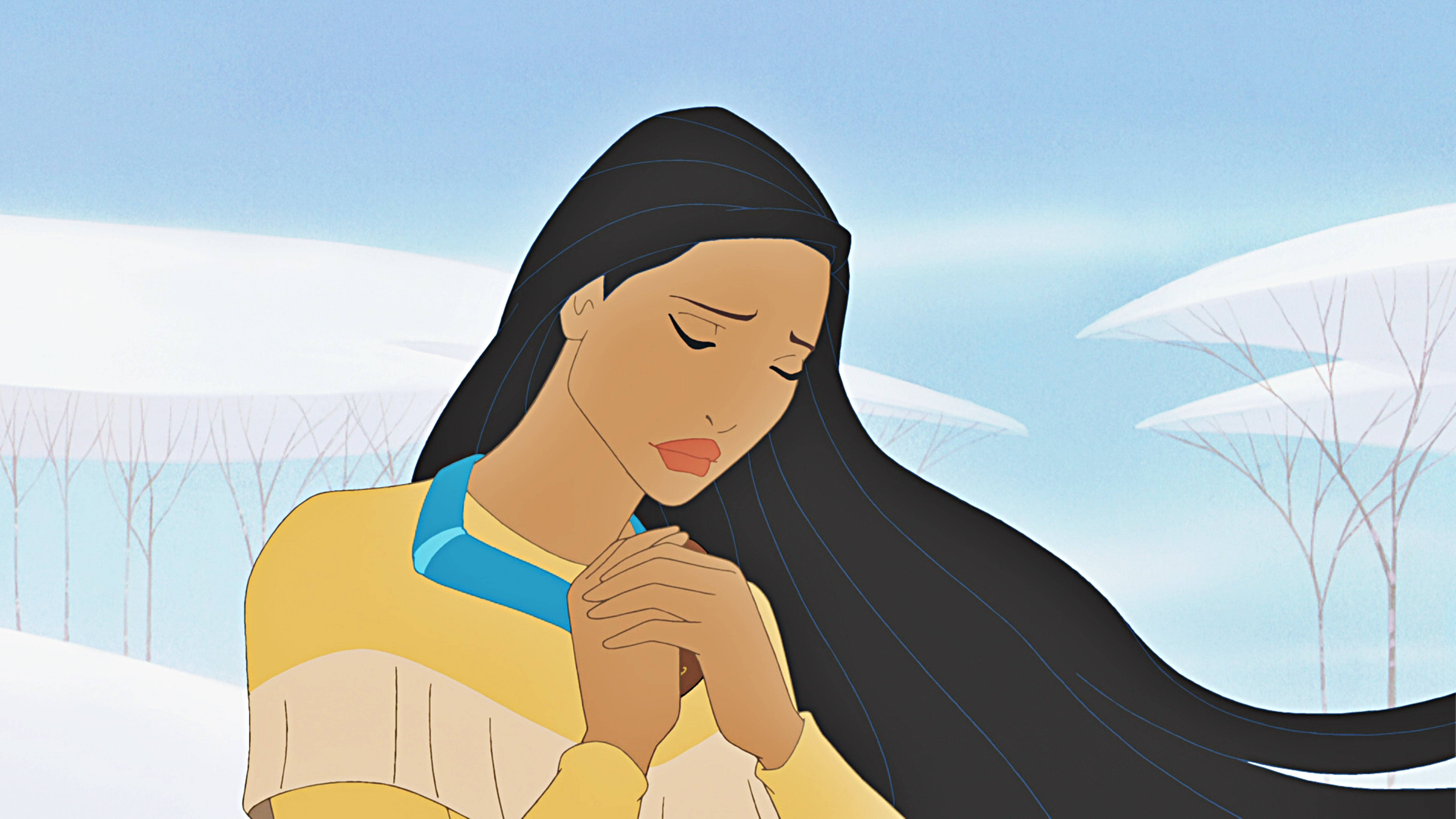 Pocahontas, long black hair, snowy winter landscape, 5K Desktop Wallpaper