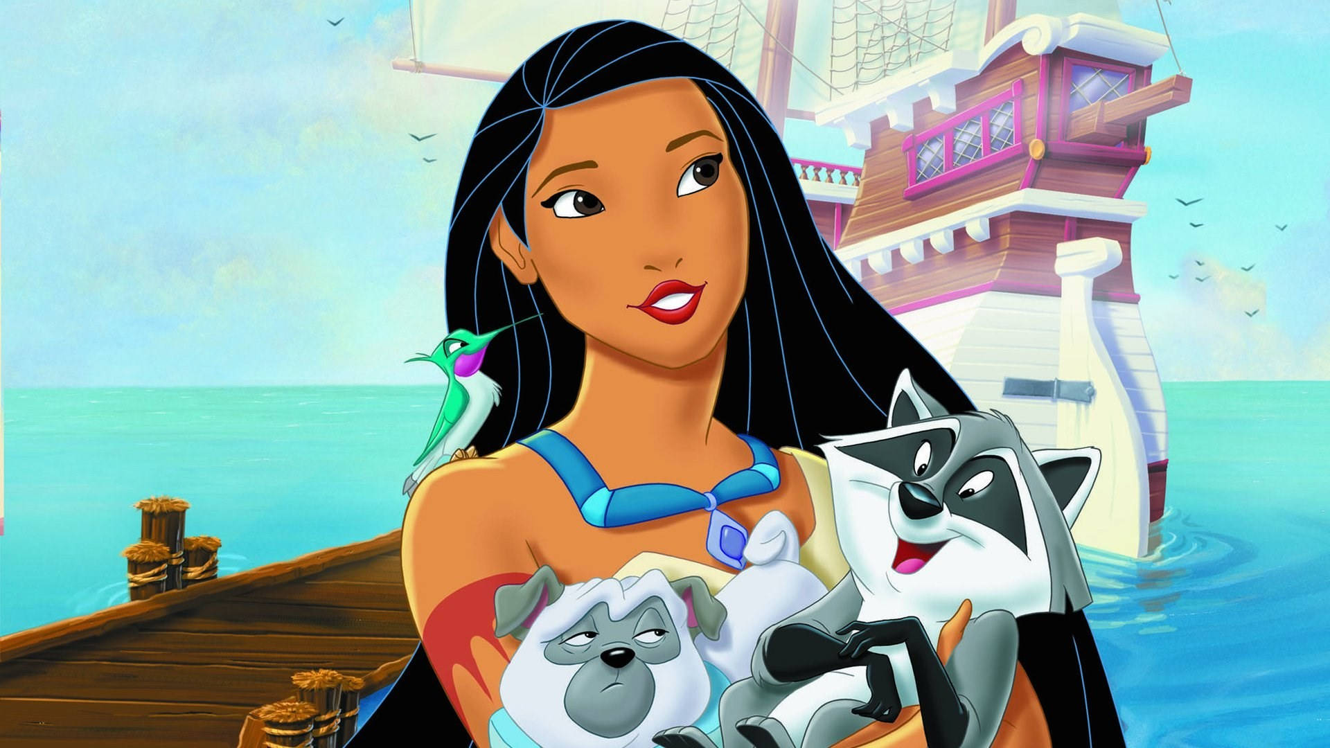 Pocahontas, long black hair, dock, Full HD Desktop Wallpaper