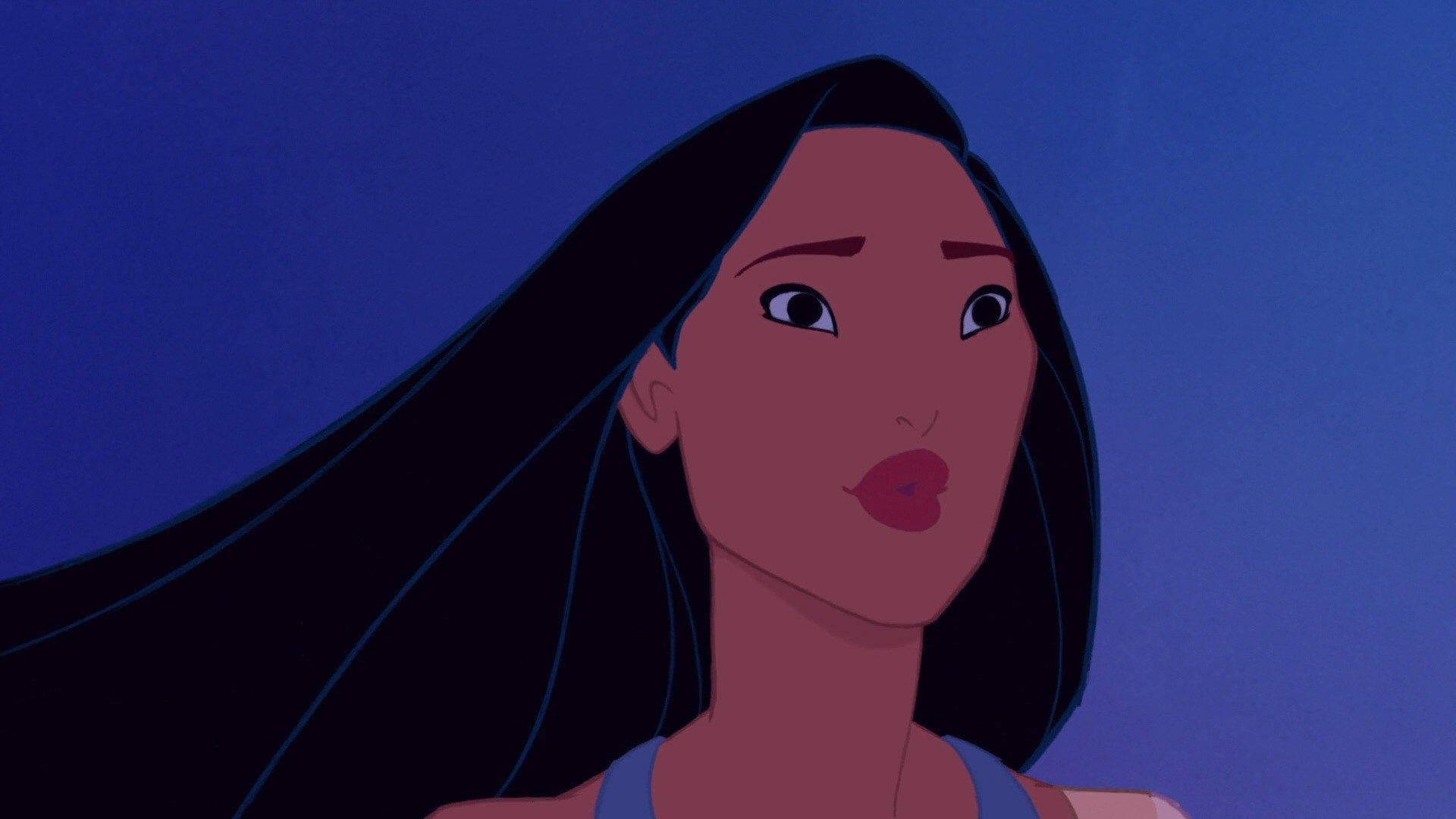 Pocahontas, red lips, long dark hair, Full HD Desktop Wallpaper