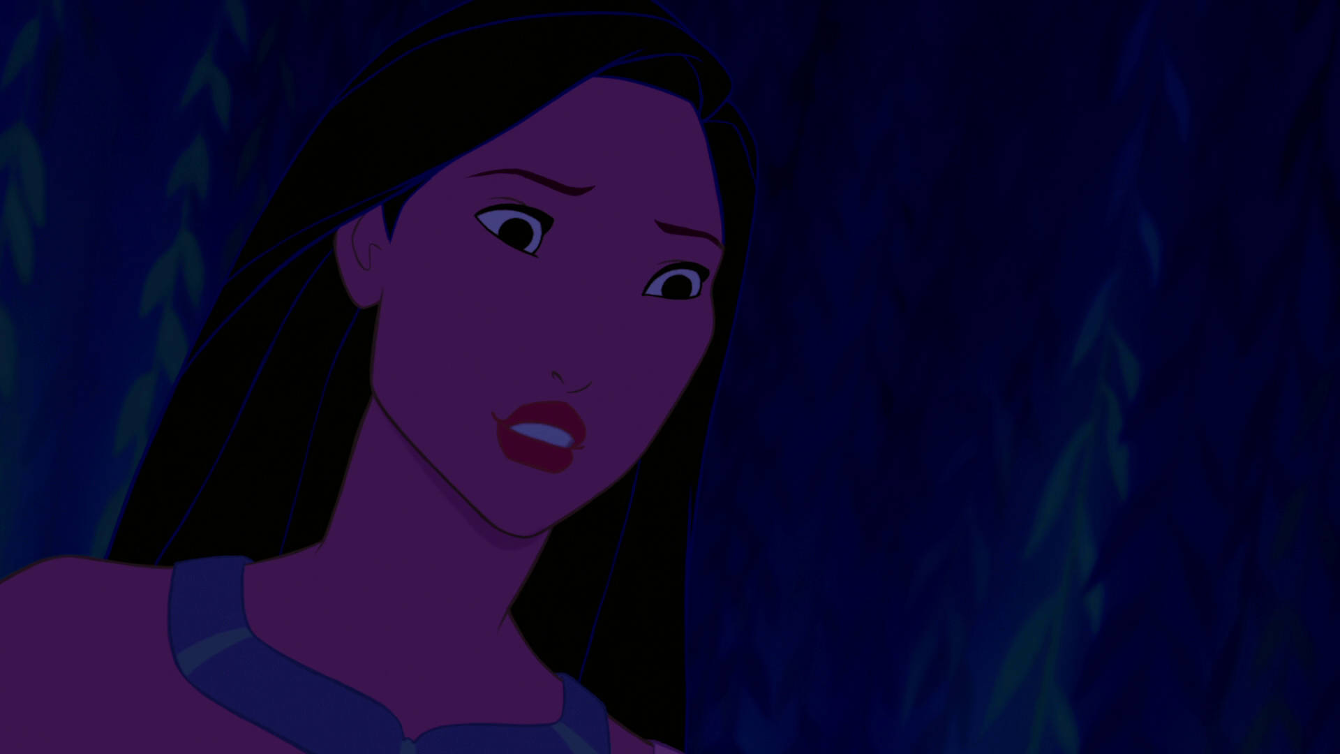 Pocahontas, long dark hair, dimly lit jungle, Full HD Desktop Wallpaper