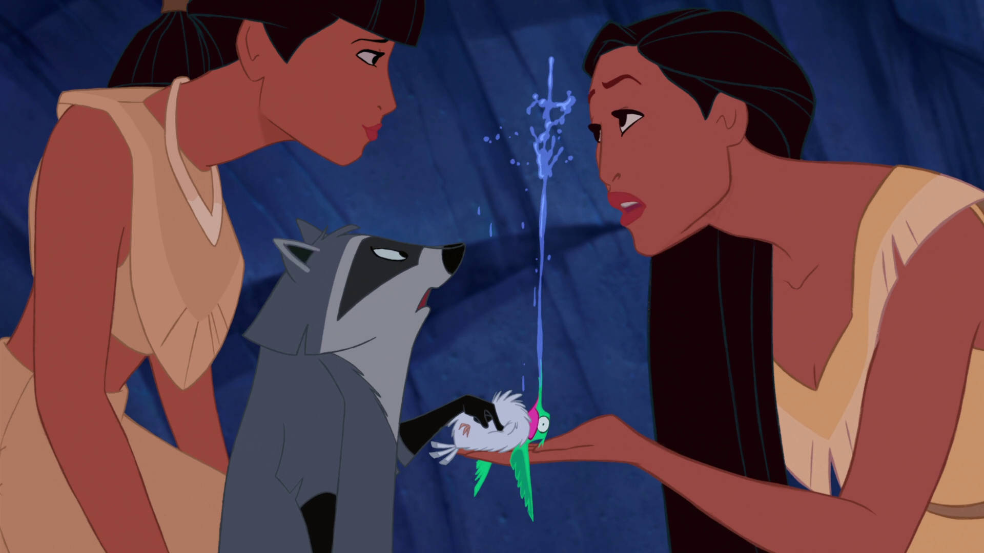 Pocahontas, hummingbird, glowing blue stream of water, Full HD Desktop Wallpaper
