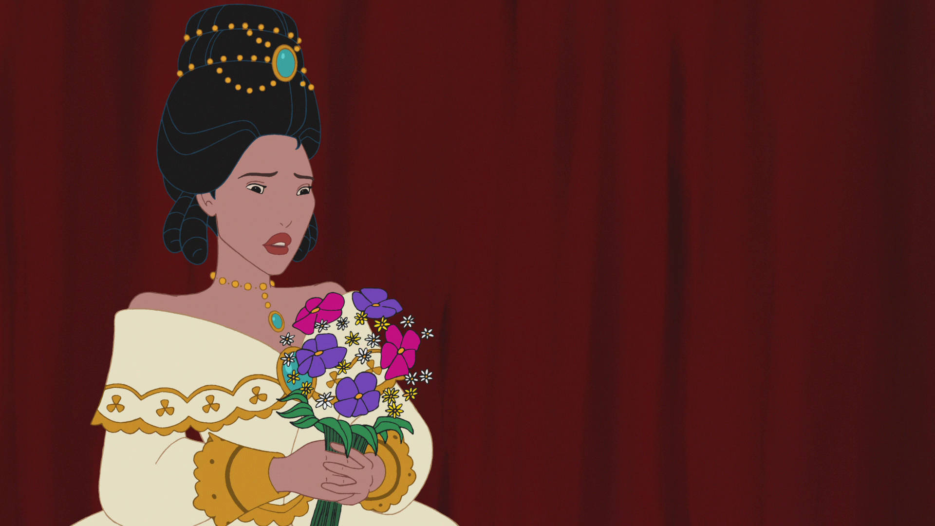 Pocahontas, cream gown, vibrant bouquet of purple and pink flowers, Full HD Desktop Wallpaper