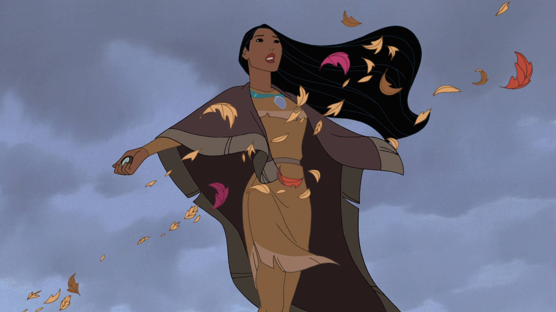 Pocahontas, environmentalist princess, autumn leaves, Full HD Desktop Wallpaper