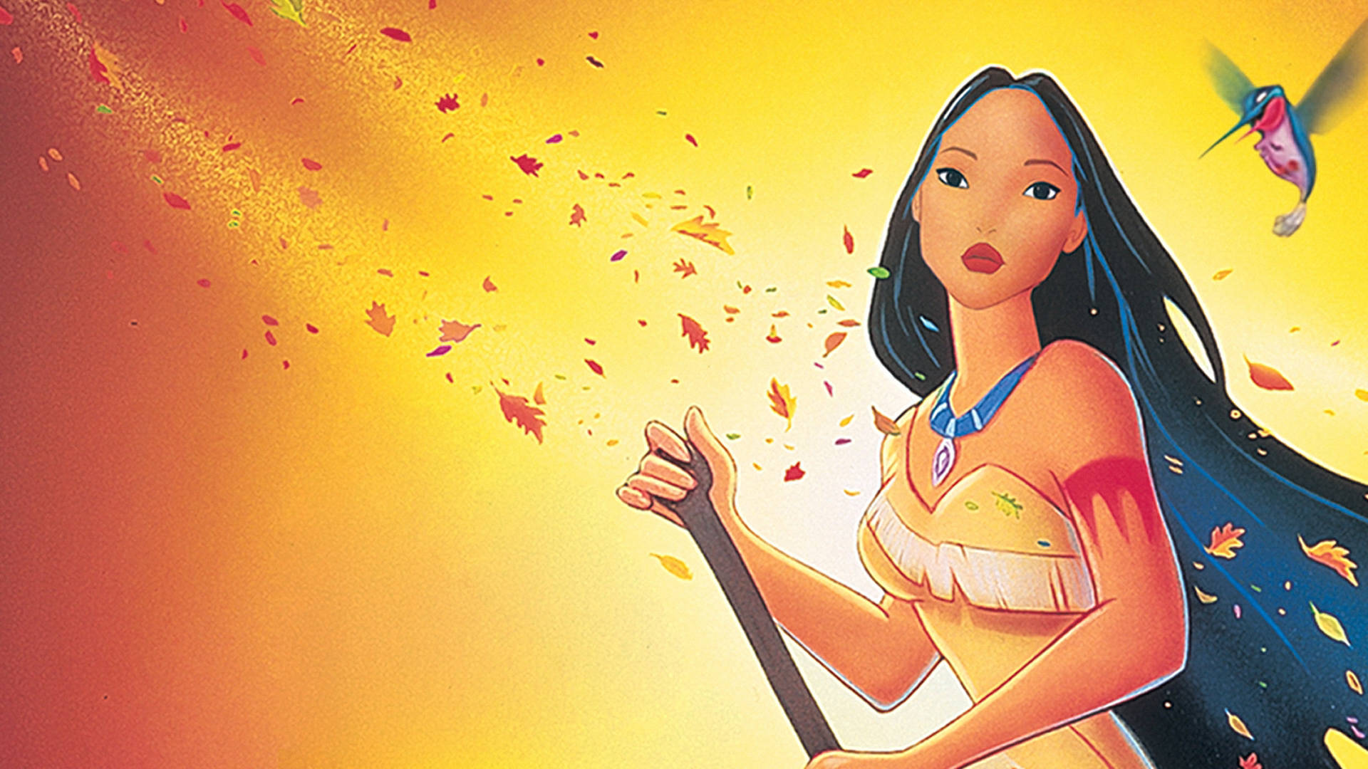 Pocahontas, hummingbird, autumn leaves, Full HD Desktop Wallpaper