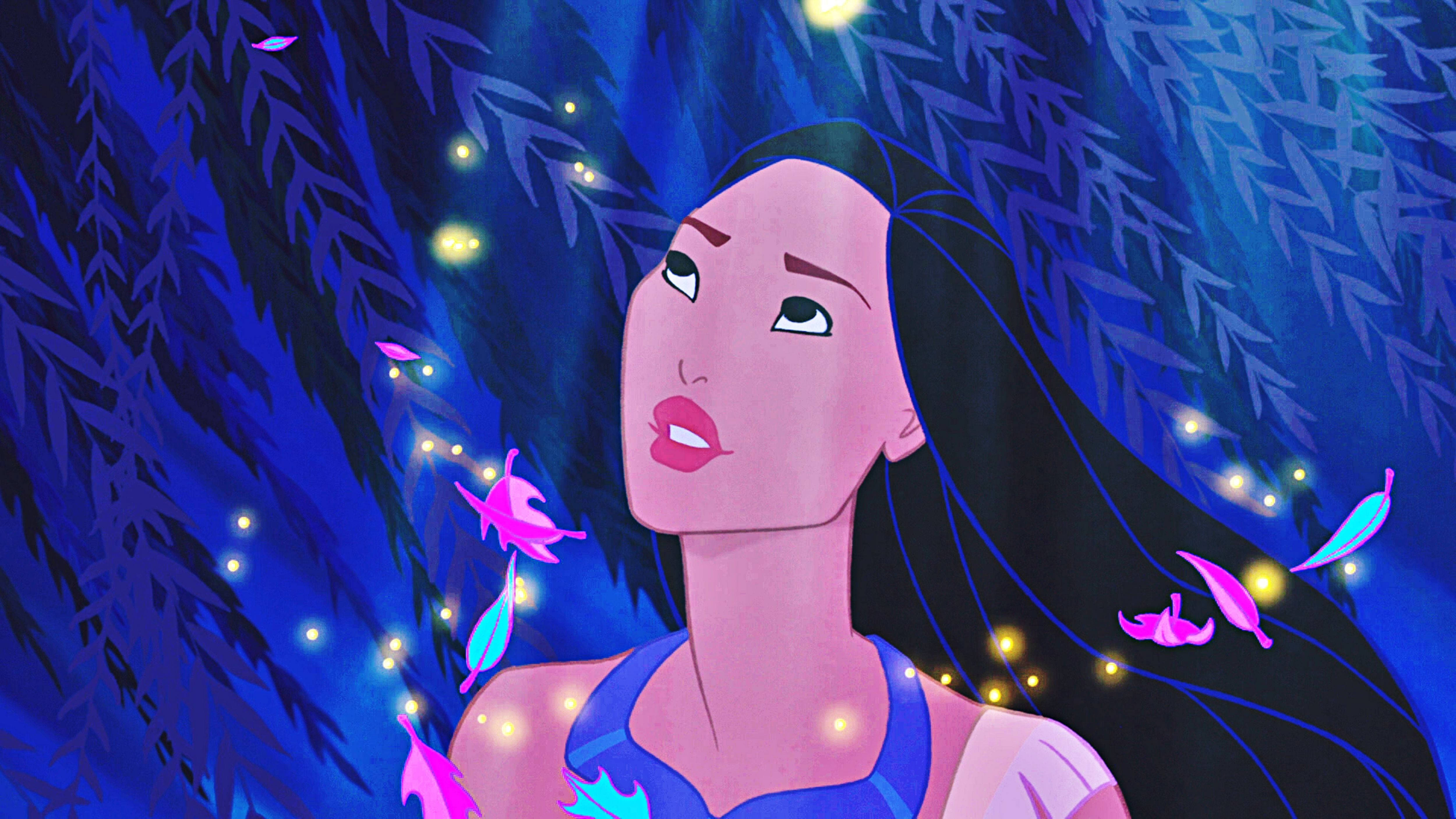 Pocahontas, fireflies, colorful feathers, 4K Desktop Wallpaper