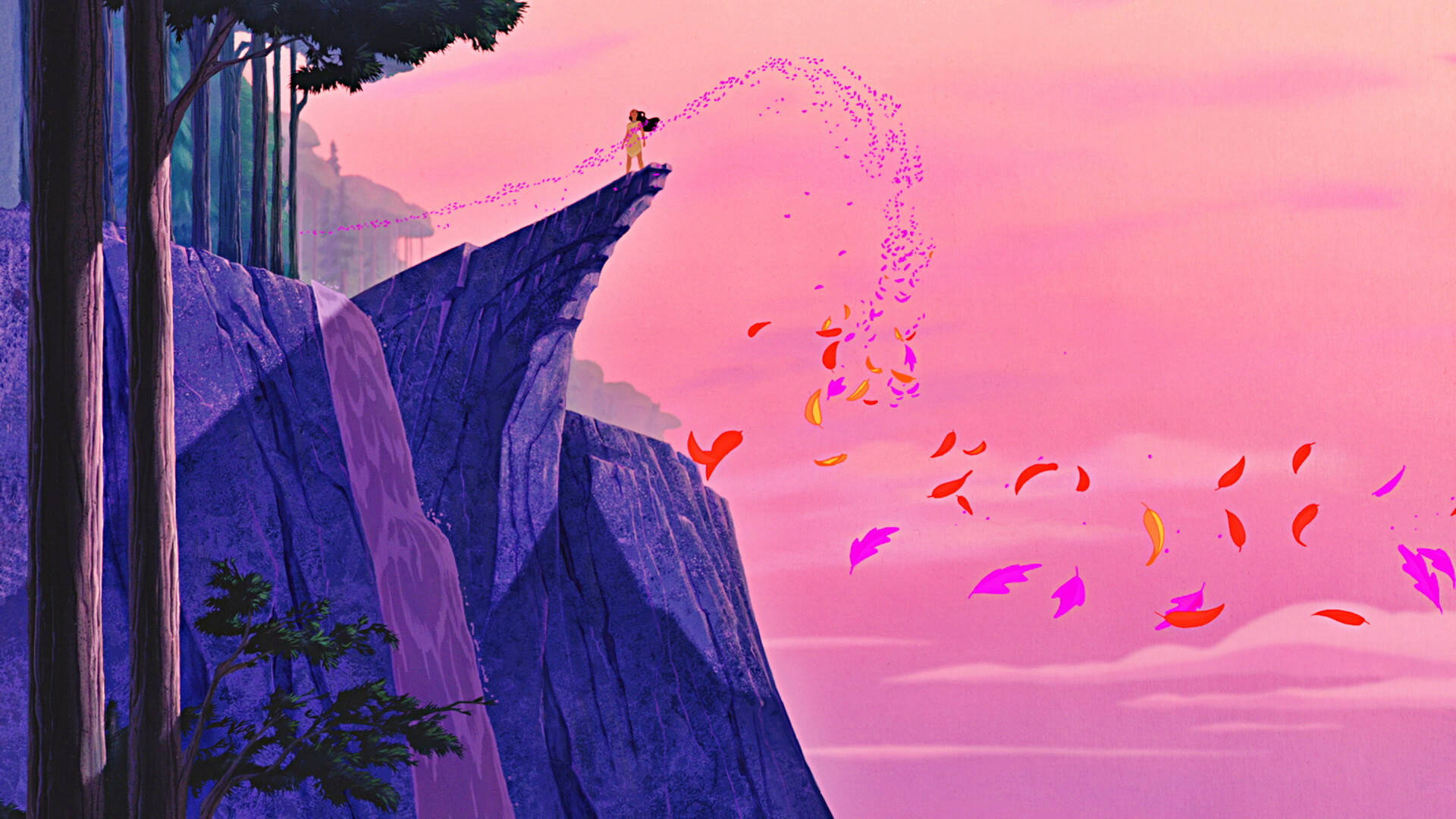 Pocahontas, purple cliff, pink and orange leaves, Full HD Desktop Wallpaper