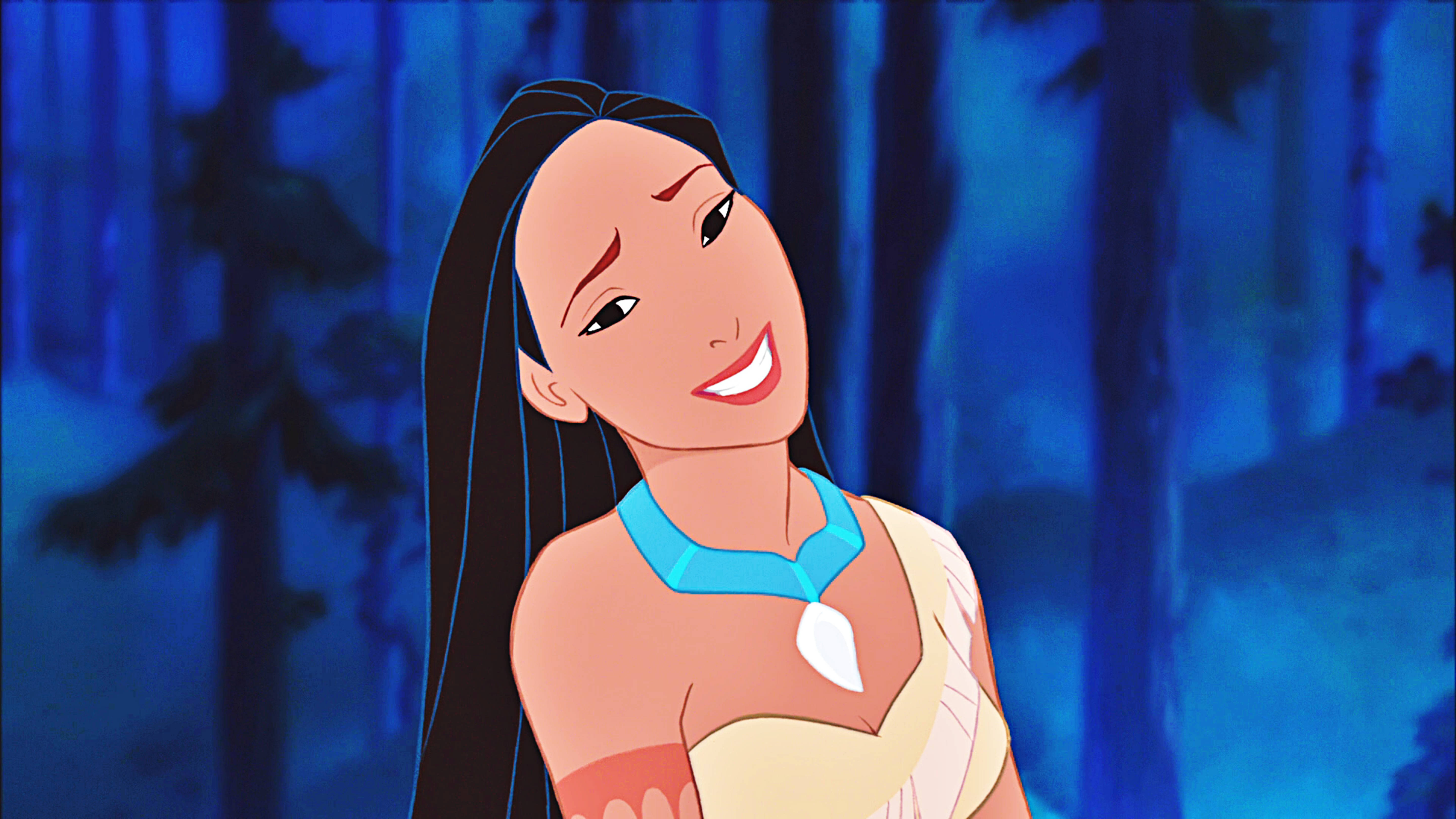 Pocahontas, awkward smile, deep blue forest, 5K Desktop Wallpaper