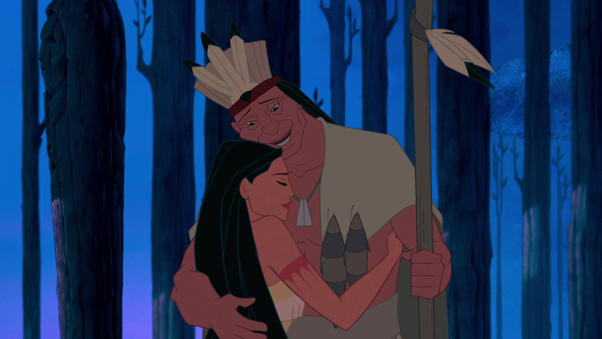 Pocahontas, father, moonlit forest, Full HD Desktop Wallpaper