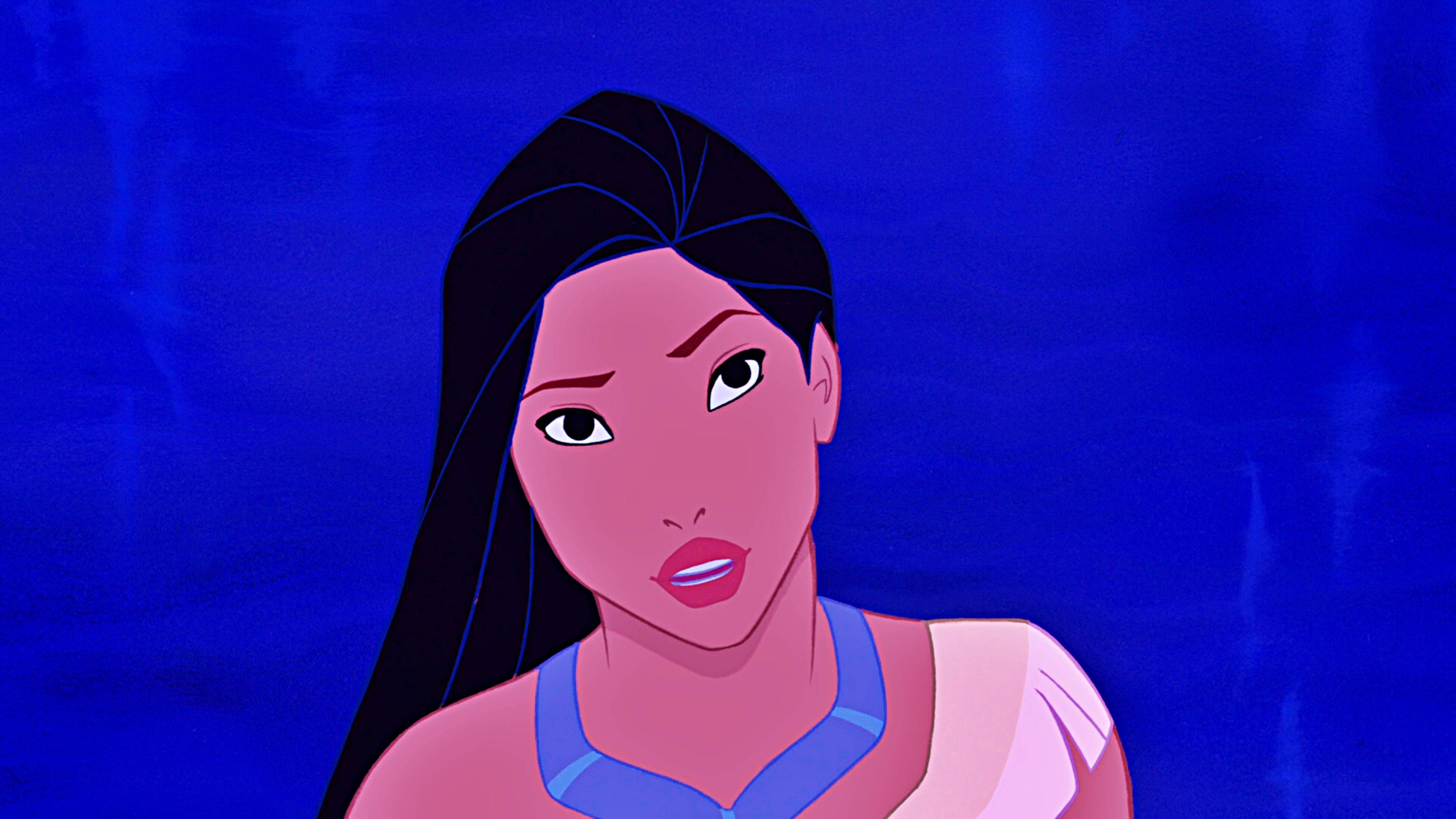 Pocahontas, long dark hair, deep blue textured background, 4K Desktop Wallpaper