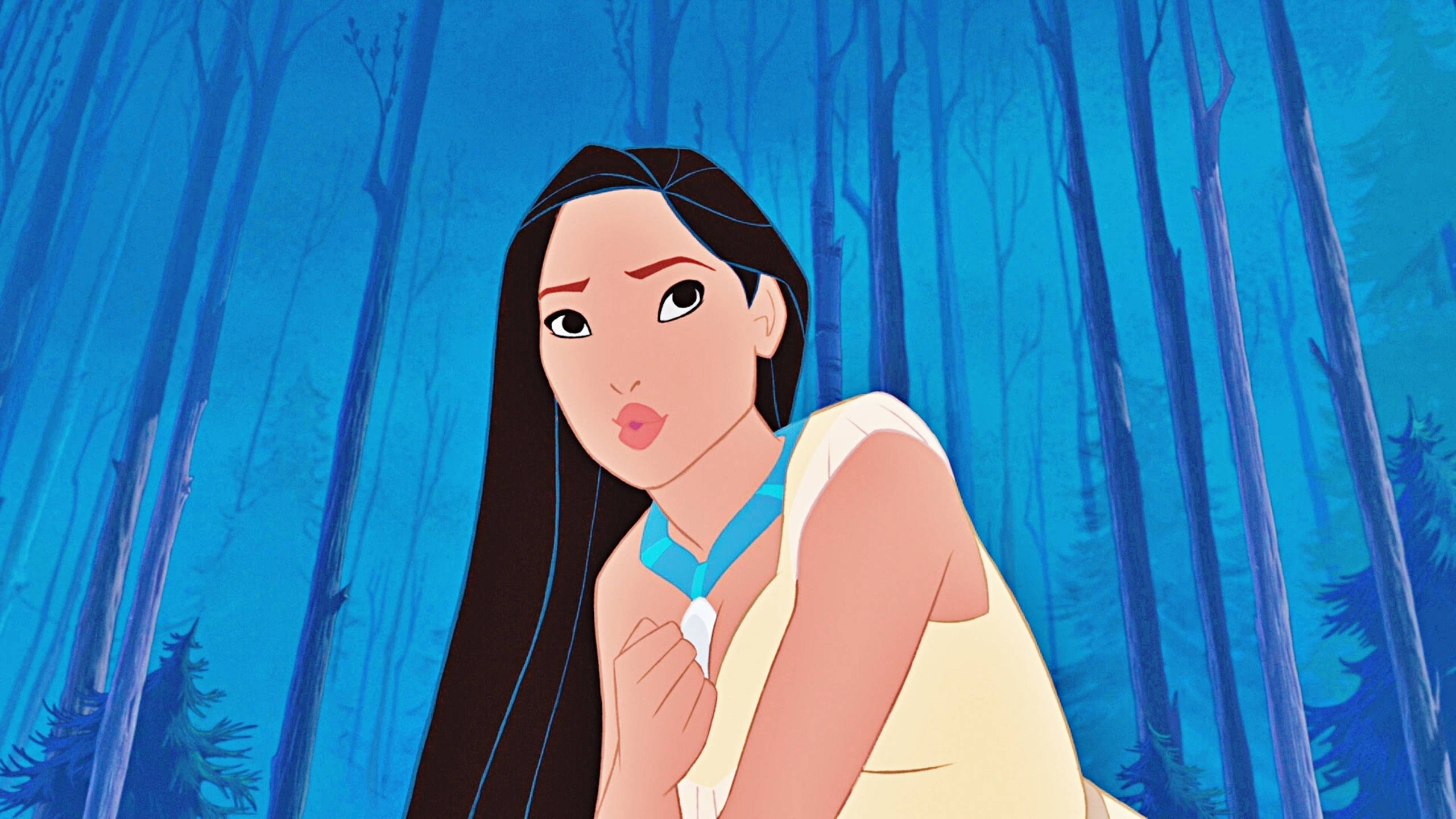Pocahontas, blue necklace, dense blue-toned forest, 2K Desktop Wallpaper