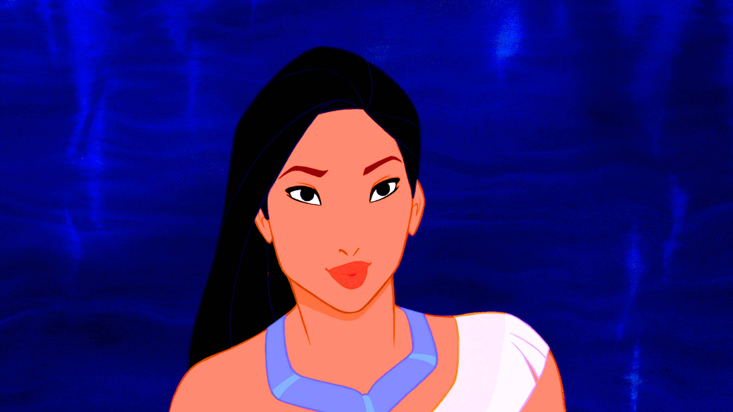 Pocahontas, long black hair, deep blue textured background, 2K Desktop Wallpaper